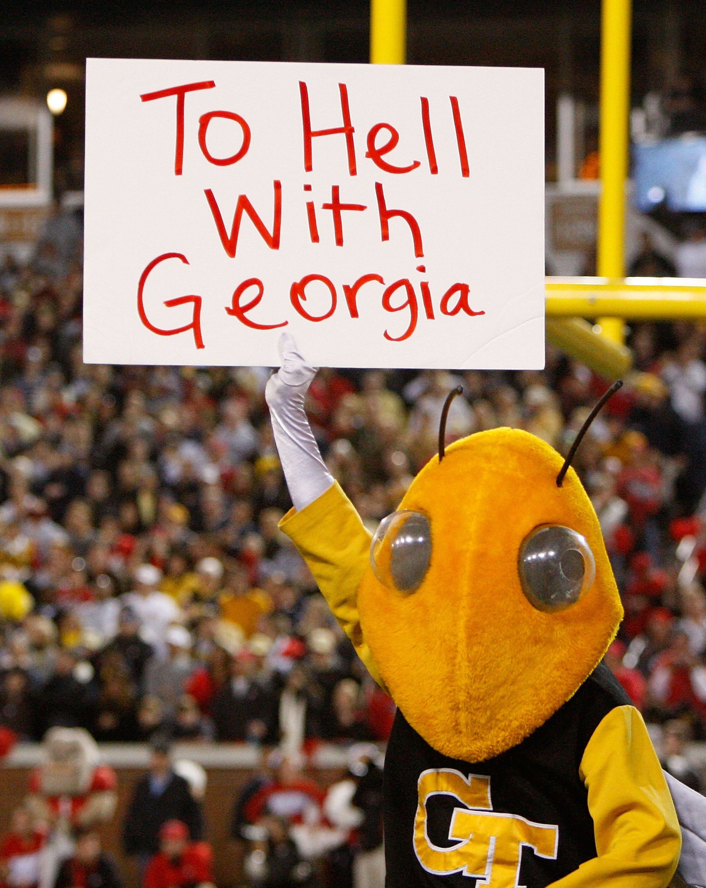 ATLANTA - NOVEMBER 28:  Buzz, mascot of the Georgia Tech Yellow Jackets, holds up a sign against the Georgia Bulldogs at Bobby Dodd Stadium on November 28, 2009 in Atlanta, Georgia.  (Photo by Kevin C. Cox/Getty Images)