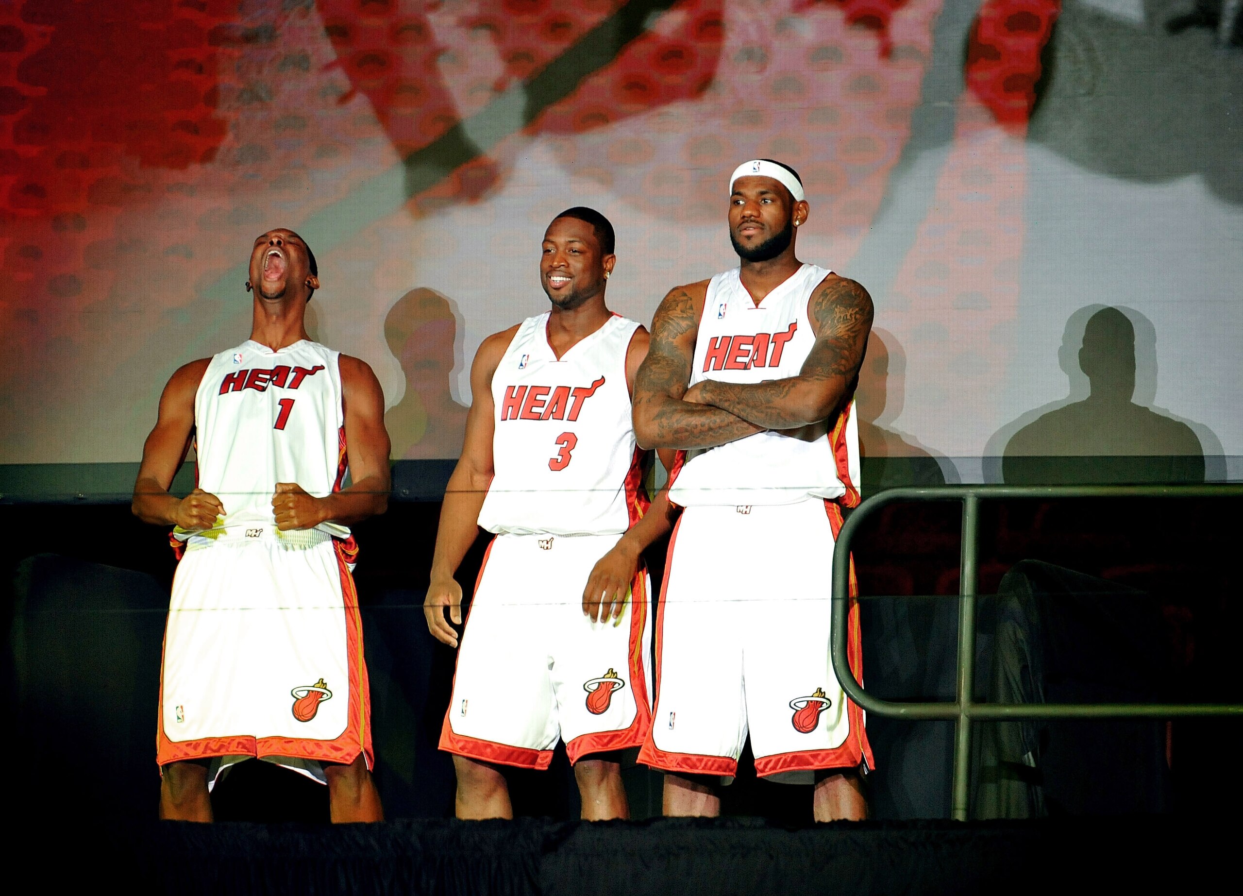 MIAMI - JULY 09:  Chris Bosh #1, Dwyane Wade #3, and LeBron James #6 of the Miami Heat are introduced to fans during a welcome party at American Airlines Arena on July 9, 2010 in Miami, Florida.  (Photo by Doug Benc/Getty Images)