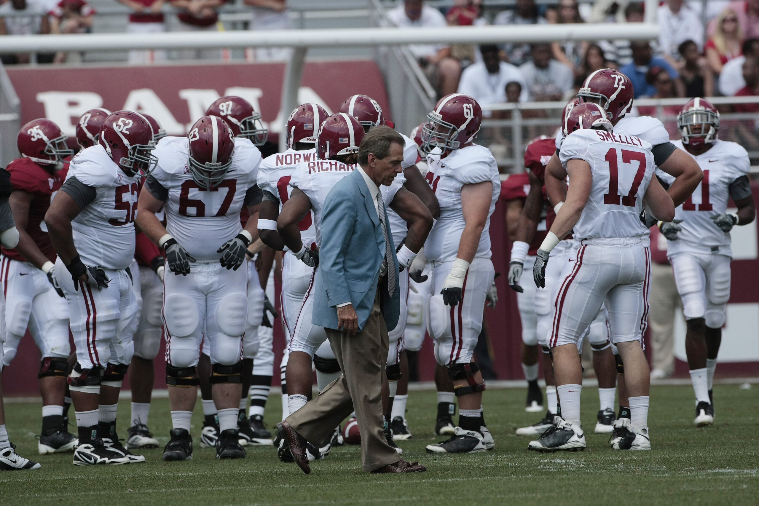 TUSCALOOSA, AL - APRIL 17:  Coach Nick Saban of the Alabama Crimson Tide watches during the Alabama spring game at Bryant Denny Stadium on April 17, 2010 in Tuscaloosa, Alabama. (Photo by Dave Martin/Getty Images)