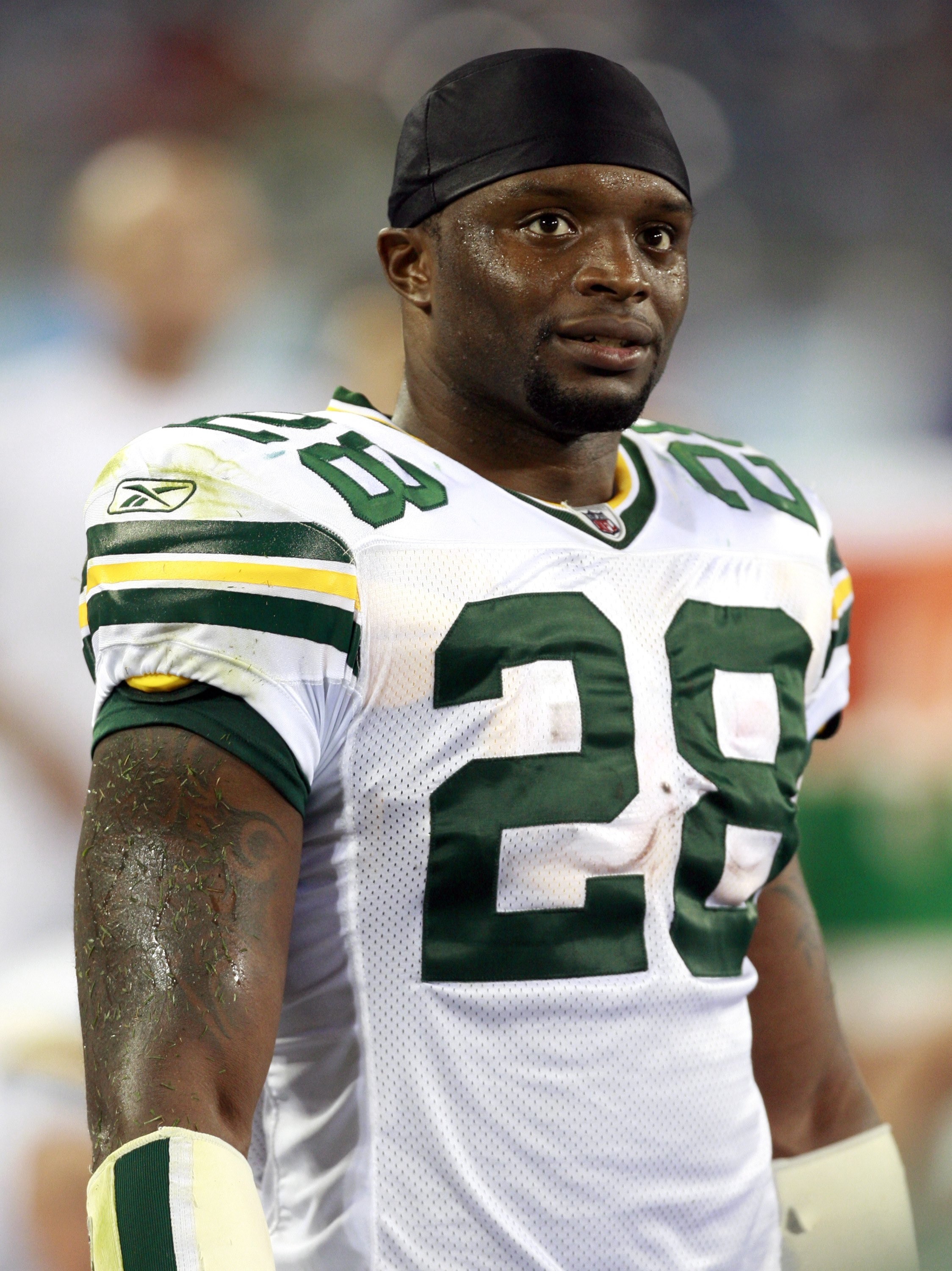NASHVILLE, TN - SEPTEMBER 3: Kregg Lumpkin #28 of the Green Bay Packers looks on against the Tennessee Titans during a preseason NFL game at LP Field on September 3, 2009 in Nashville, Tennessee. The Titans beat the Packers 27-13. (Photo by Joe Murphy/Get