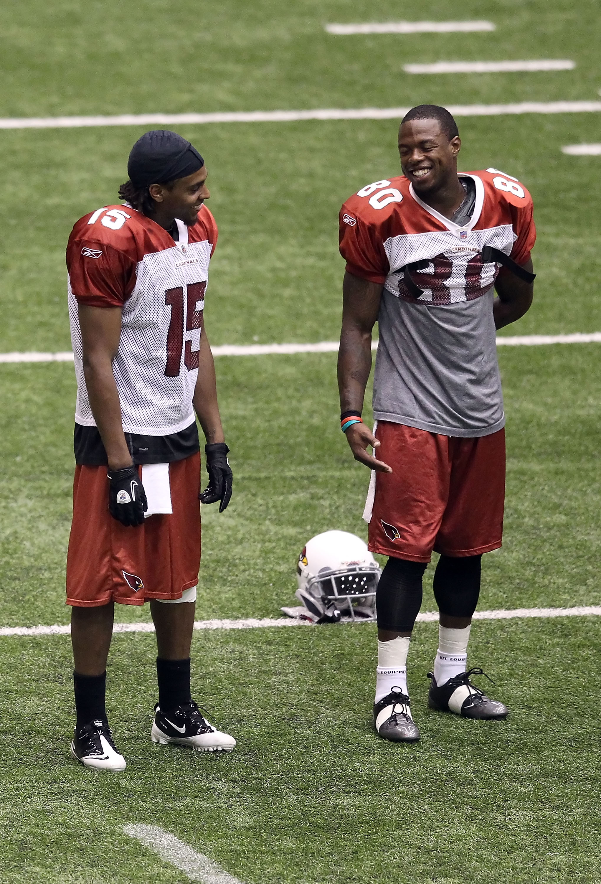 FLAGSTAFF, AZ - AUGUST 01:  Steve Breaston #15 and Early Doucet #80 of the Arizona Cardinals practice at Northern Arizona University Walkup Stadium on August 1, 2010 in Flagstaff, Arizona.  (Photo by Christian Petersen/Getty Images)
