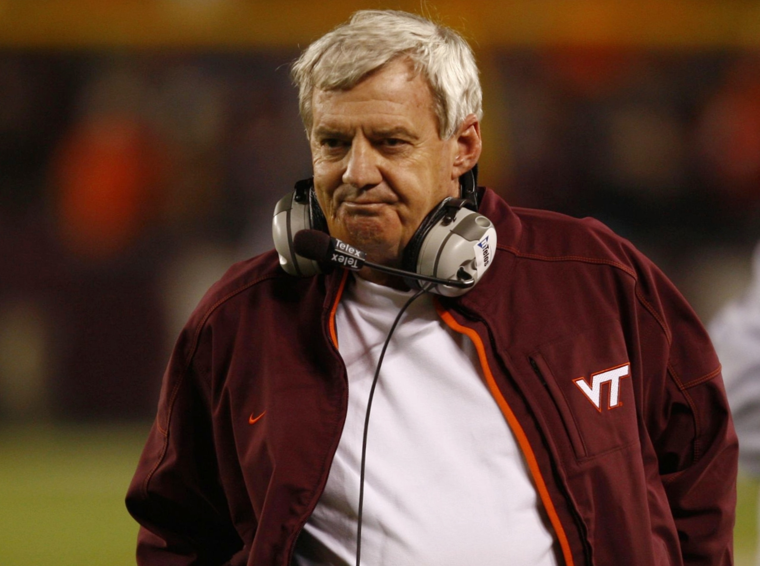 BLACKSBURG, VA - OCTOBER 29:  Head coach Frank Beamer of the Virginia Tech University Hokies reacts as he walks the sidelines during the second half of the game against the North Carolina Tar Heels at Lane Stadium on October 29, 2009 in Blacksburg, Virgin