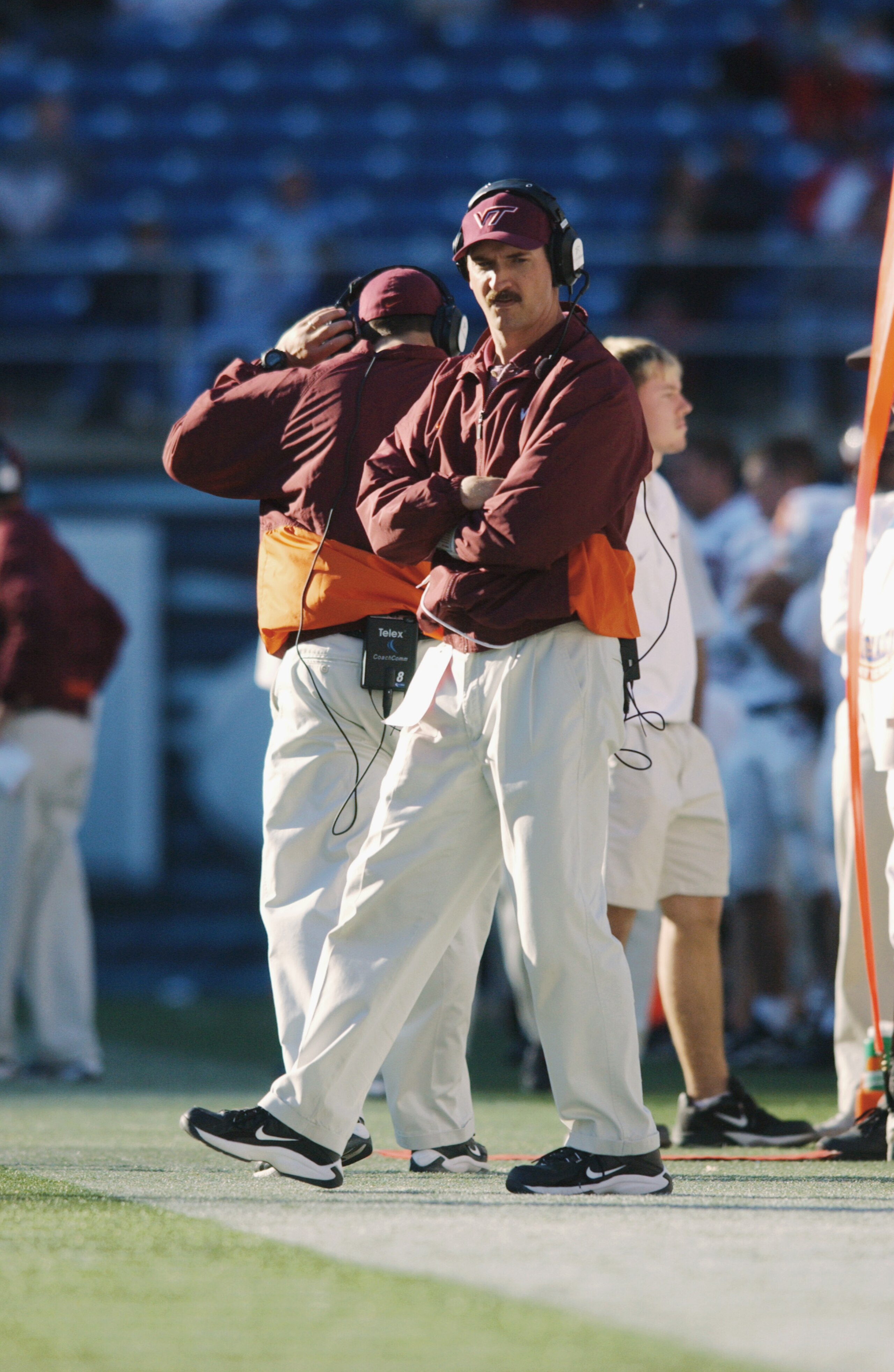 PHILADELPHIA - NOVEMBER 10:  Defensive Coordinator Bud Foster of the Virginia Tech Hokies stands on the sideline during the Big East Conference football game against the Temple Owls on November 10, 2001 at Veterans Stadium in Philadelphia, Pennsylvania. V