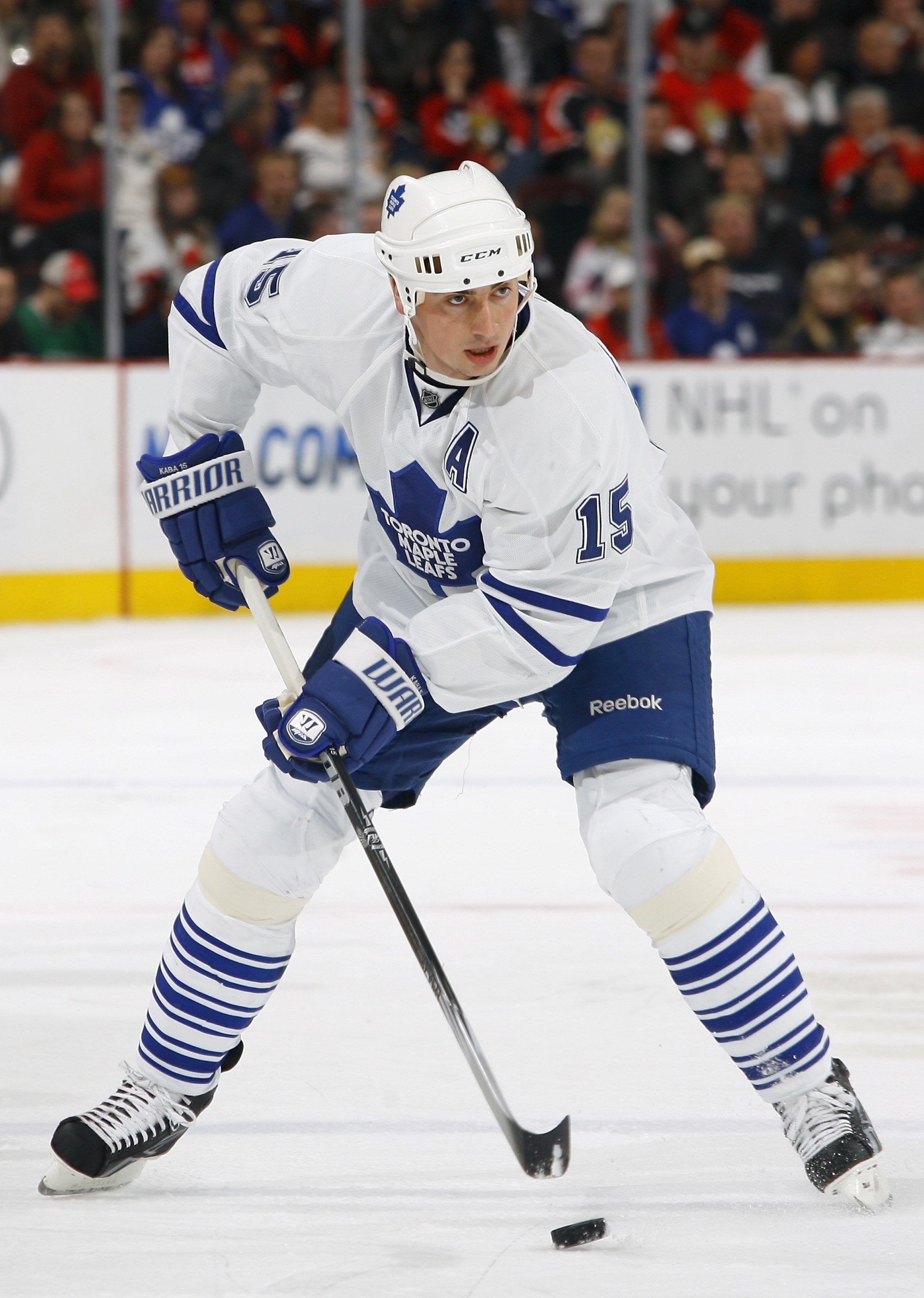 OTTAWA, ON - MARCH 06:  Tomas Kaberle #15 of the Toronto Maple Leafs skates with the puck against the Ottawa Senators in a game at Scotiabank Place on March 6, 2010 in Ottawa, Canada.  (Photo by Phillip MacCallum/Getty Images)