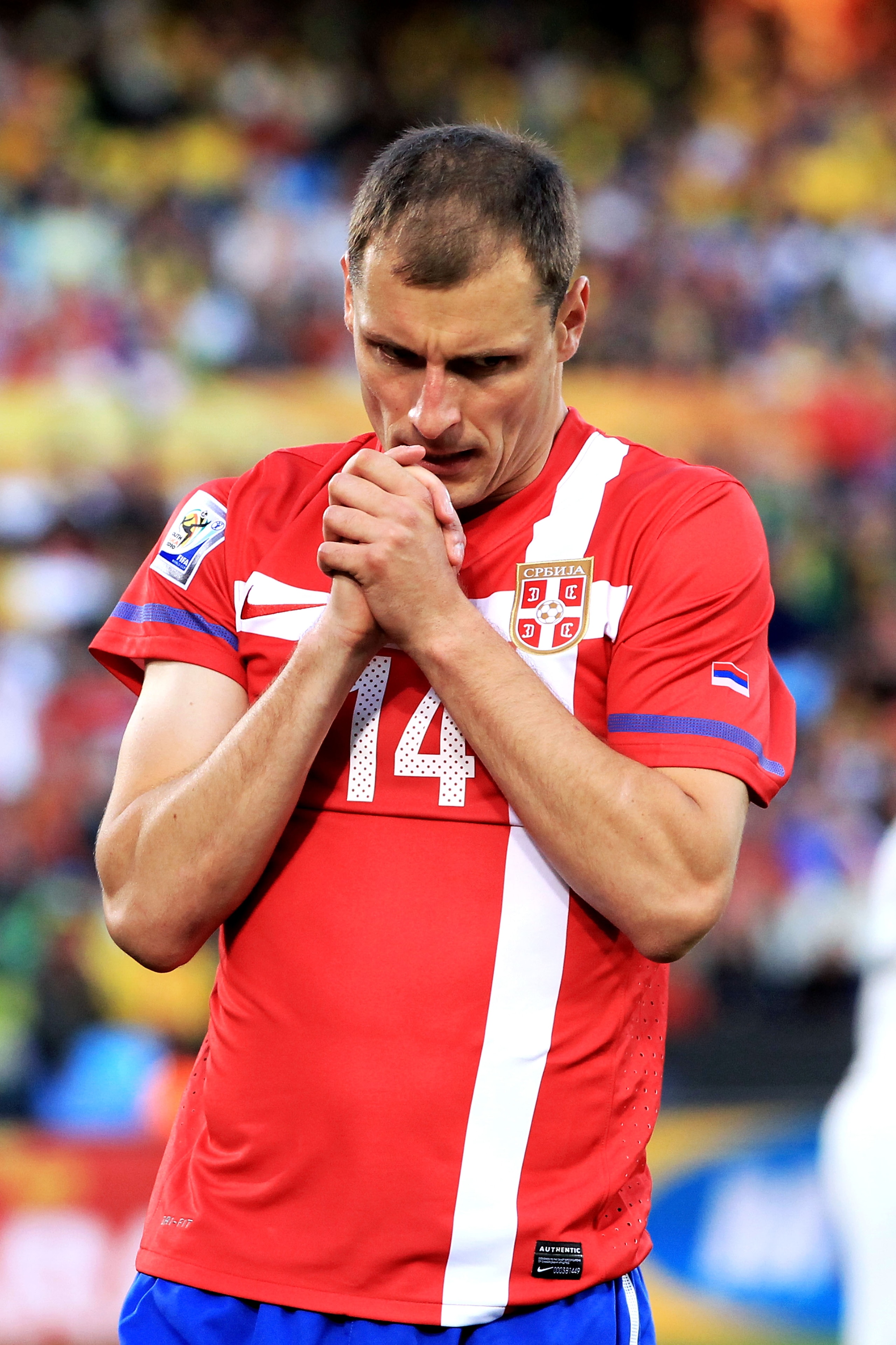 PRETORIA, SOUTH AFRICA - JUNE 13: Milan Jovanovic of Serbia reacts to a missed chance during the 2010 FIFA World Cup South Africa Group D match between Serbia and Ghana at Loftus Versfeld Stadium on June 13, 2010 in Pretoria, South Africa.  (Photo by Mart
