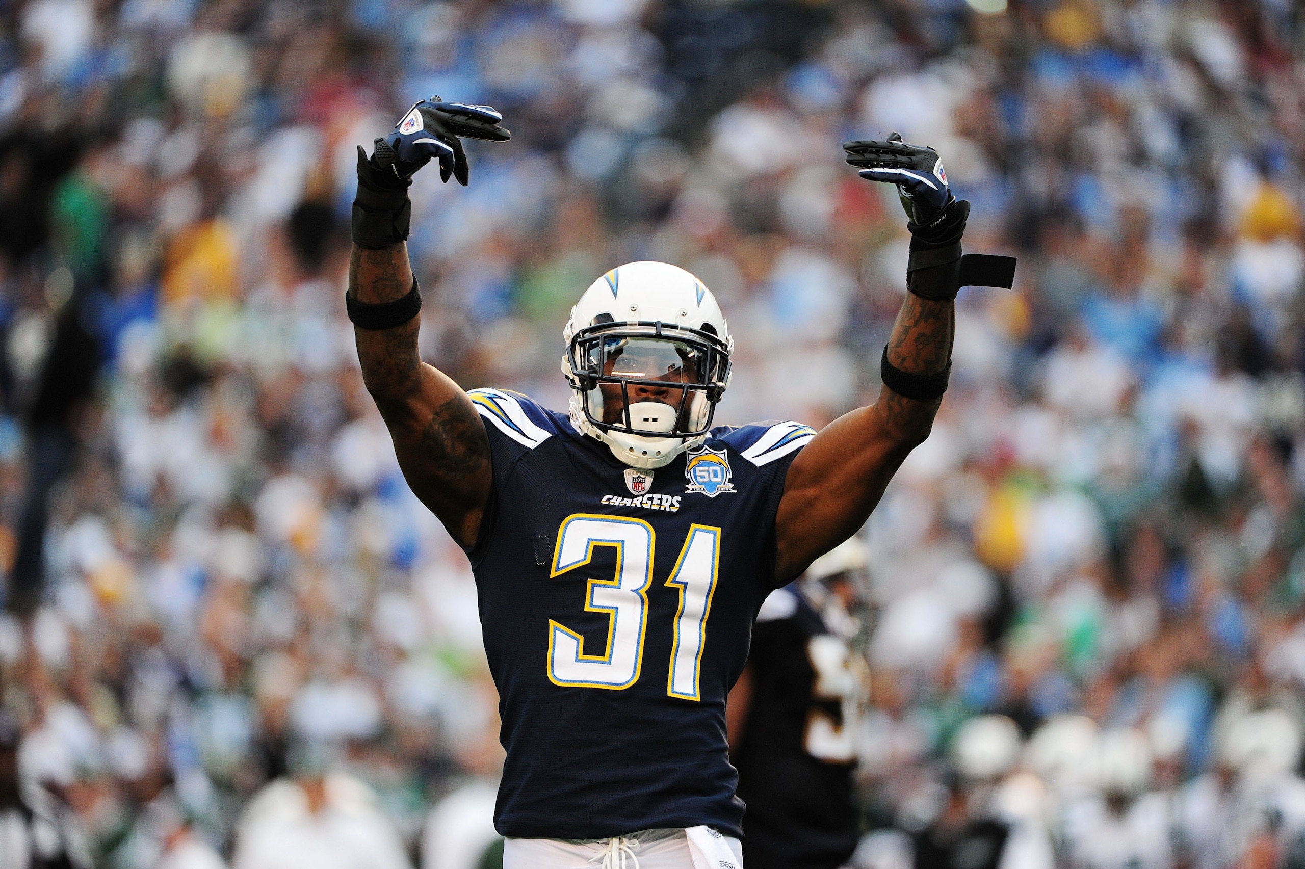 SAN DIEGO - JANUARY 17:  Cornerback Antonio Cromartie #31 of the San Diego Chargers reacts to a play during the AFC Divisional Playoff Game against the New York Jets at Qualcomm Stadium on January 17, 2010 in San Diego, California.  (Photo by Robert Laber