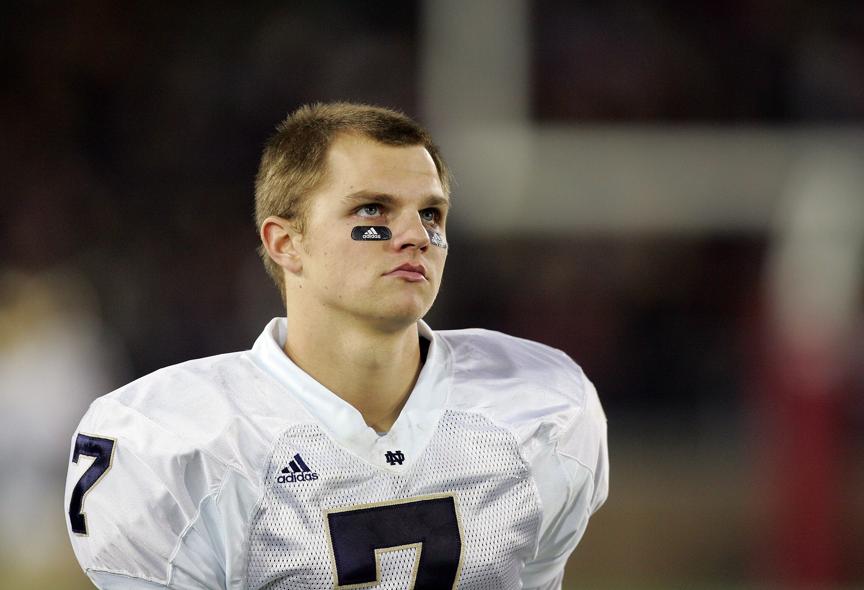 PALO ALTO, CA - NOVEMBER 28:  Jimmy Clausen #7 of the Notre Dame Fighting Irish walks the sideline during their game against the Stanford Cardinal at Stanford Stadium on November 28, 2009 in Palo Alto, California.  (Photo by Ezra Shaw/Getty Images)