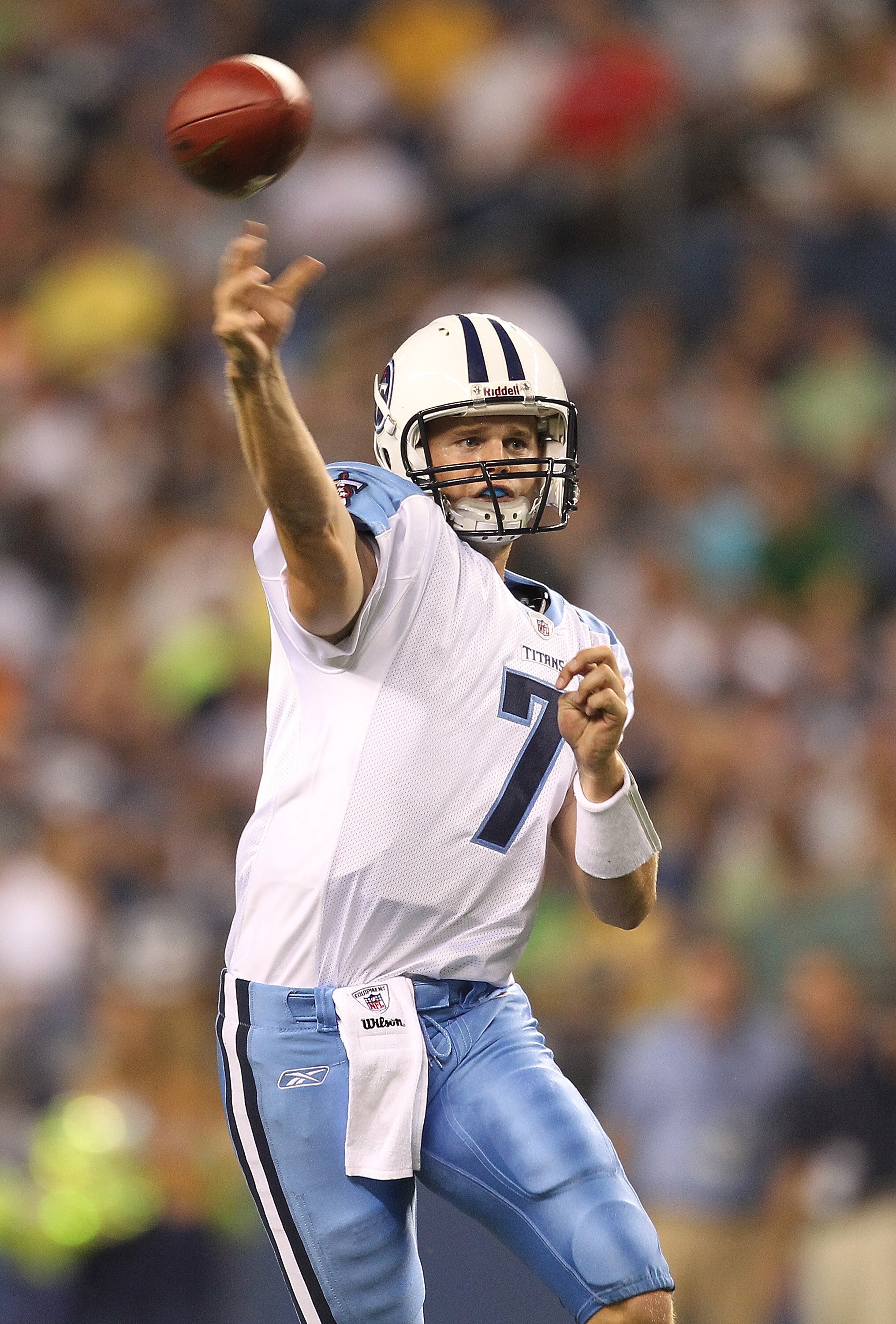 SEATTLE - AUGUST 14:  Quarterback Rusty Smith #7 of the Tennessee Titans passes during the preseason game against the Seattle Seahawks at Qwest Field on August 14, 2010 in Seattle, Washington. The Seahawks defeated the Titans 20-18. (Photo by Otto Greule 