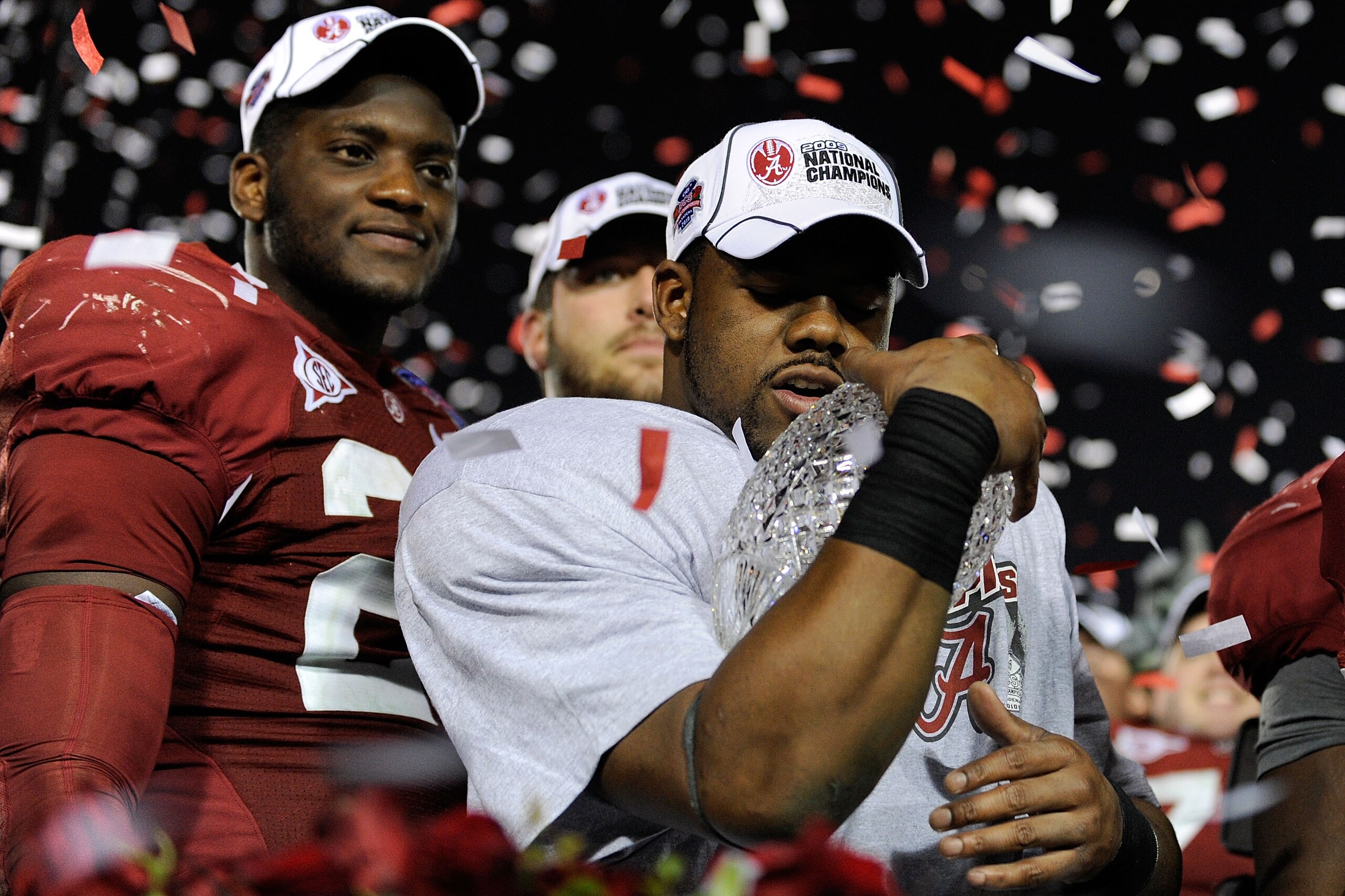PASADENA, CA - JANUARY 07:  Running back Mark Ingram #22 of the Alabama Crimson Tide celebrates with the BCS Championship trophy after winning the Citi BCS National Championship game over the Texas Longhorns at the Rose Bowl on January 7, 2010 in Pasadena