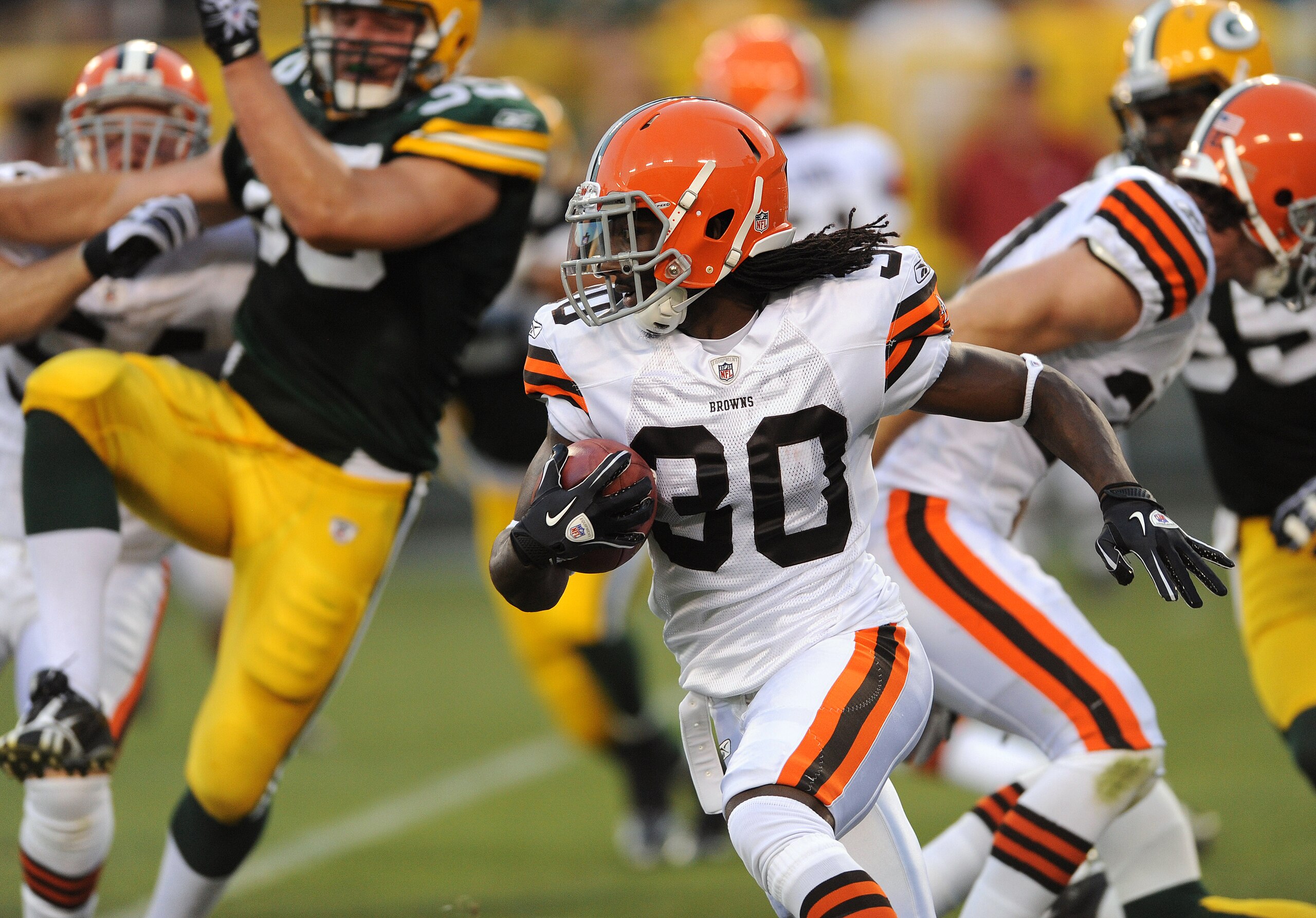 GREEN BAY - AUGUST 14: Gerard Lawson #30 of the Cleveland Browns carries the ball during the NFL preseason game against the Green Bay Packers at Lambeau Field August 14, 2010 in Green Bay, Wisconsin.  (Photo by Tom Dahlin/Getty Images)