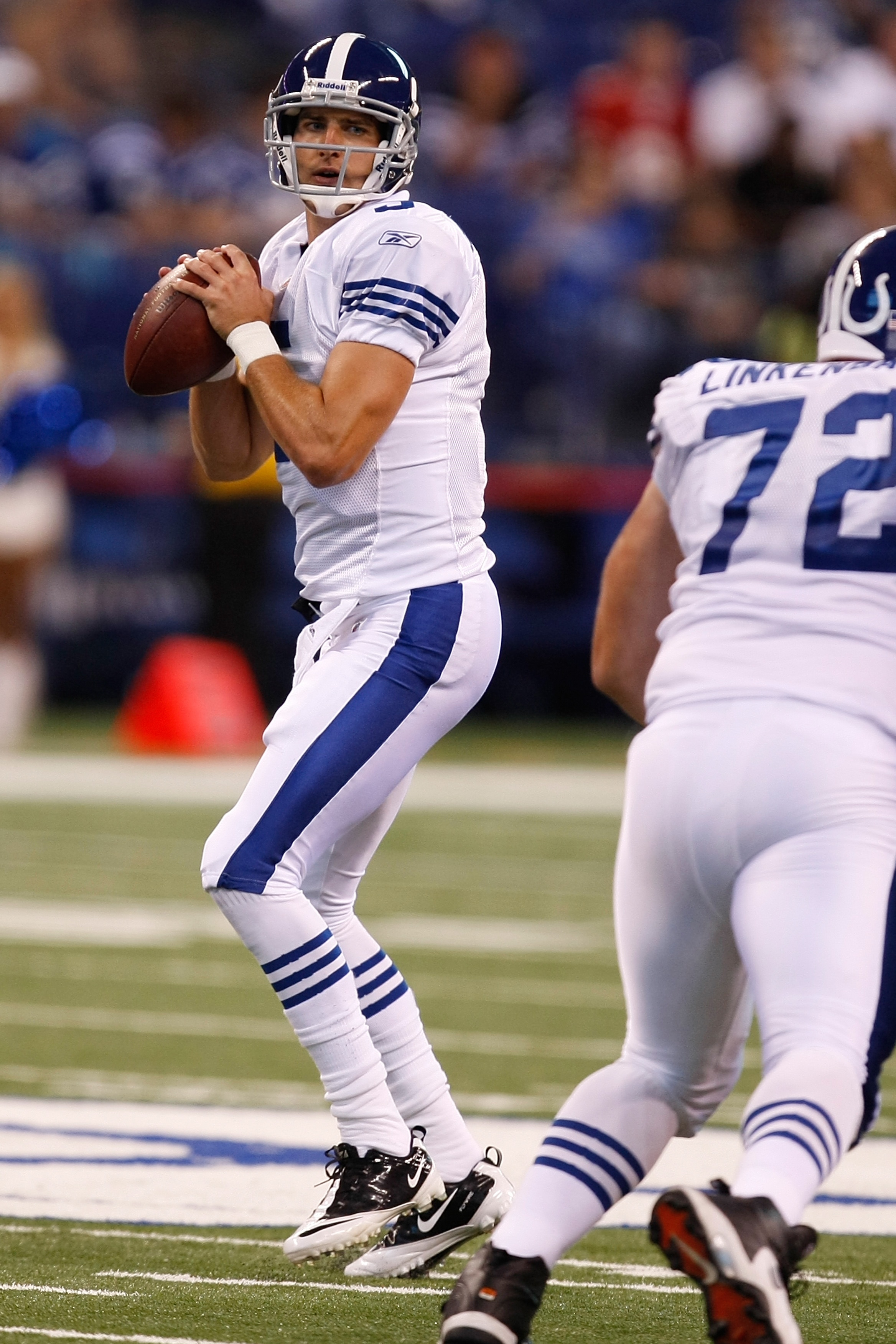 INDIANAPOLIS, IN - AUGUST 15: Tom Brandstater #5 of the Indianapolis Colts looks to pass during the preseason game against the San Francisco 49ers at Lucas Oil Stadium on August 15, 2010 in Indianapolis, Indiana. The 49ers defeated the Colts 37-17. (Photo