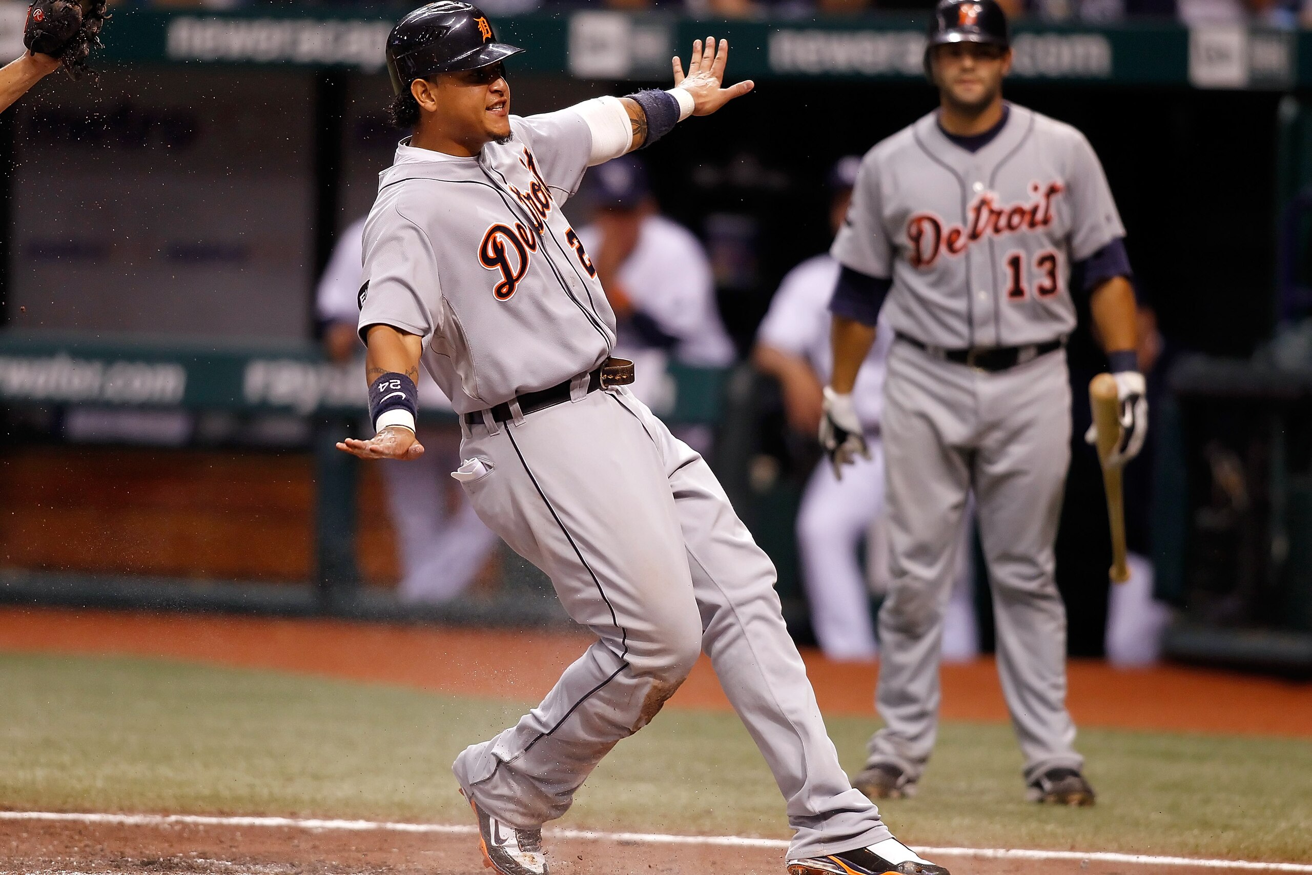 ST PETERSBURG, FL - JULY 27:  First baseman Miguel Cabrera #24 of the Detroit Tigers thinks he is safe on a play at home against the Tampa Bay Rays during the game at Tropicana Field on July 27, 2010 in St. Petersburg, Florida.  (Photo by J. Meric/Getty I
