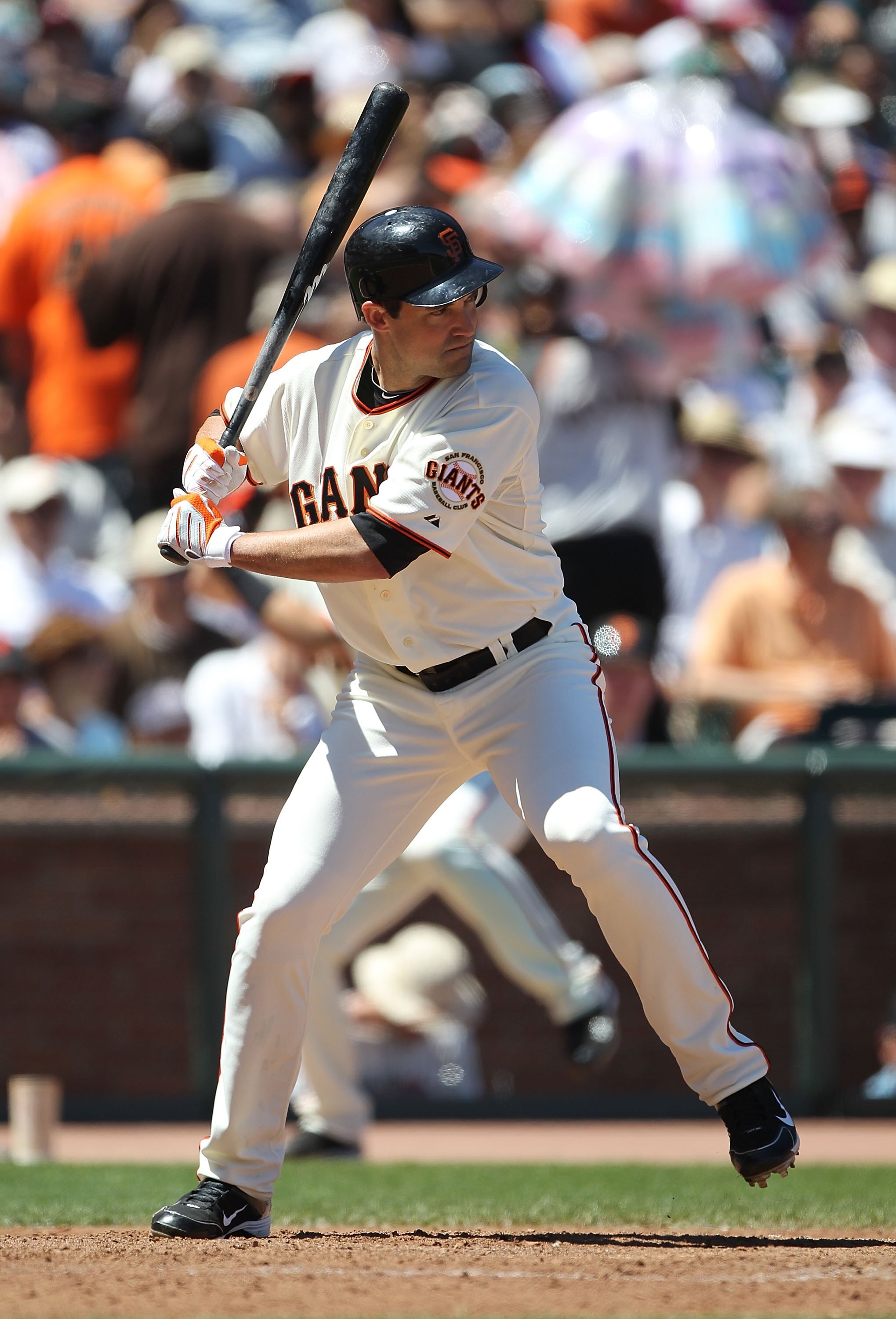 SAN FRANCISCO - JUNE 13:  Pat Burrell #9 of the San Francisco Giants bats against the Oakland Athletics during an MLB game at AT&T Park on June 13, 2010 in San Francisco, California.  (Photo by Jed Jacobsohn/Getty Images)