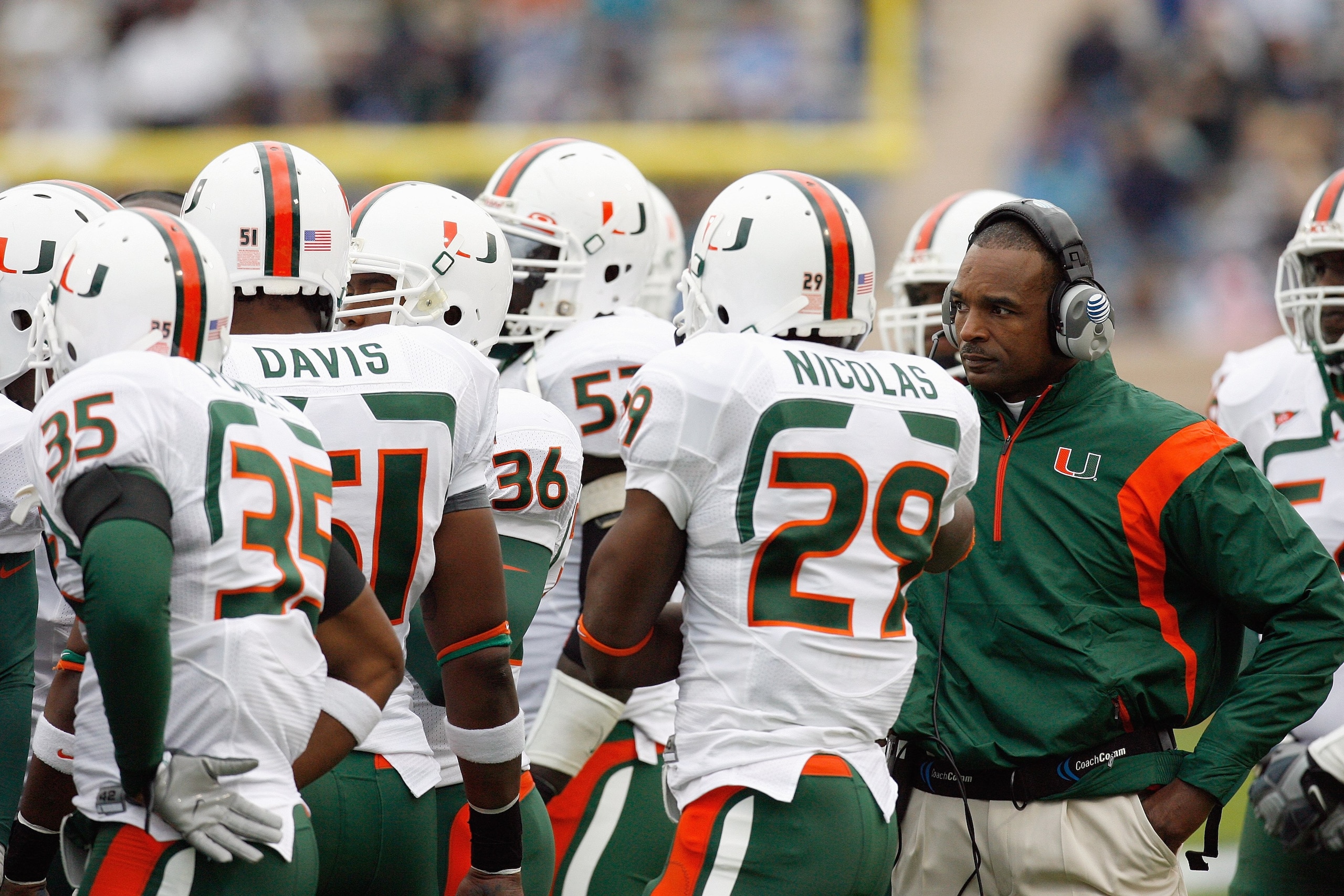 DURHAM, NC - OCTOBER 18:  Head coach Randy Shannon of the Miami Hurricanes talk to his players during the game against the Duke Blue Devils at Wallace Wade Stadium on October 18, 2008 in Durham, North Carolina.  (Photo by Kevin C. Cox/Getty Images)