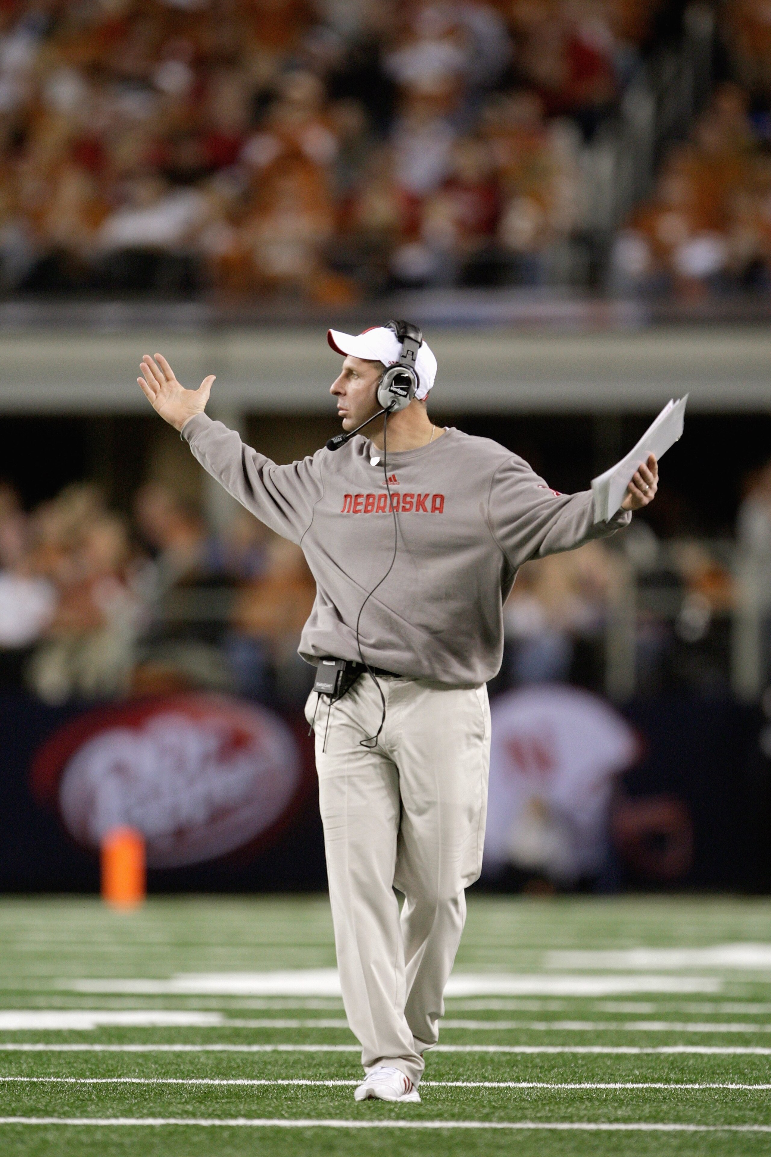 ARLINGTON, TX - DECEMBER 5: Head coach Bo Pelini of the Nebraska Cornhuskers yells during the third quarter of the game the Texas Longhorns at Cowboys Stadium on December 5, 2009 in Arlington, Texas. (Photo by Jamie Squire/Getty Images)