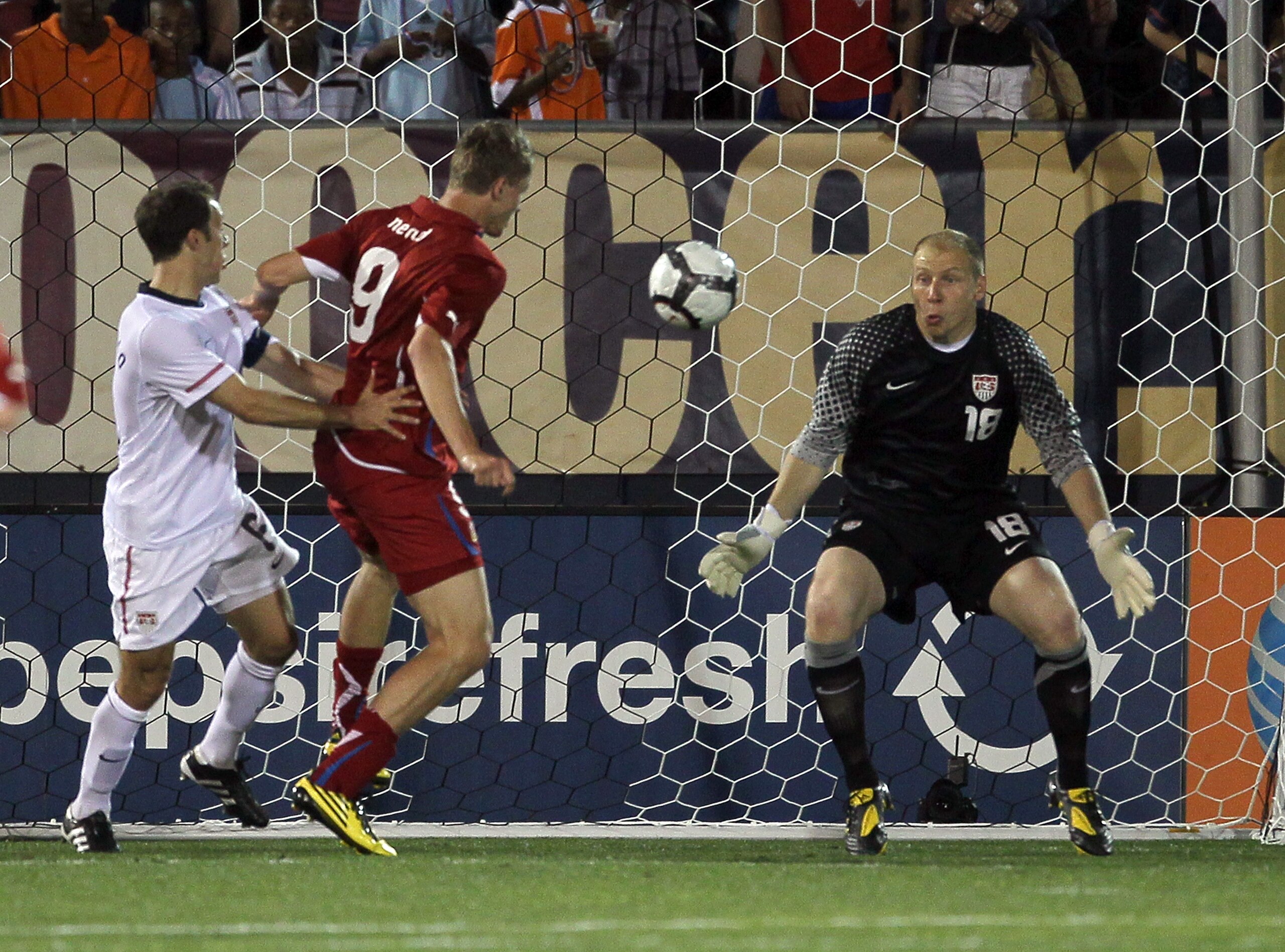 EAST HARTFORD, CT - MAY 25: Goalie Brad Guzan #18 the United States defends against Tomas Necid #9 of the Czech Republic at Rentschler Field on May 25, 2010 in East Hartford, Connecticut. (Photo by Jim Rogash/Getty Images) EAST HARTFORD, CT - MAY 25: Goalie Brad Guzan #18 the United States defends against Tomas Necid #9 of the Czech Republic at Rentschler Field on May 25, 2010 in East Hartford, Connecticut. (Photo by Jim Rogash/Getty Images)