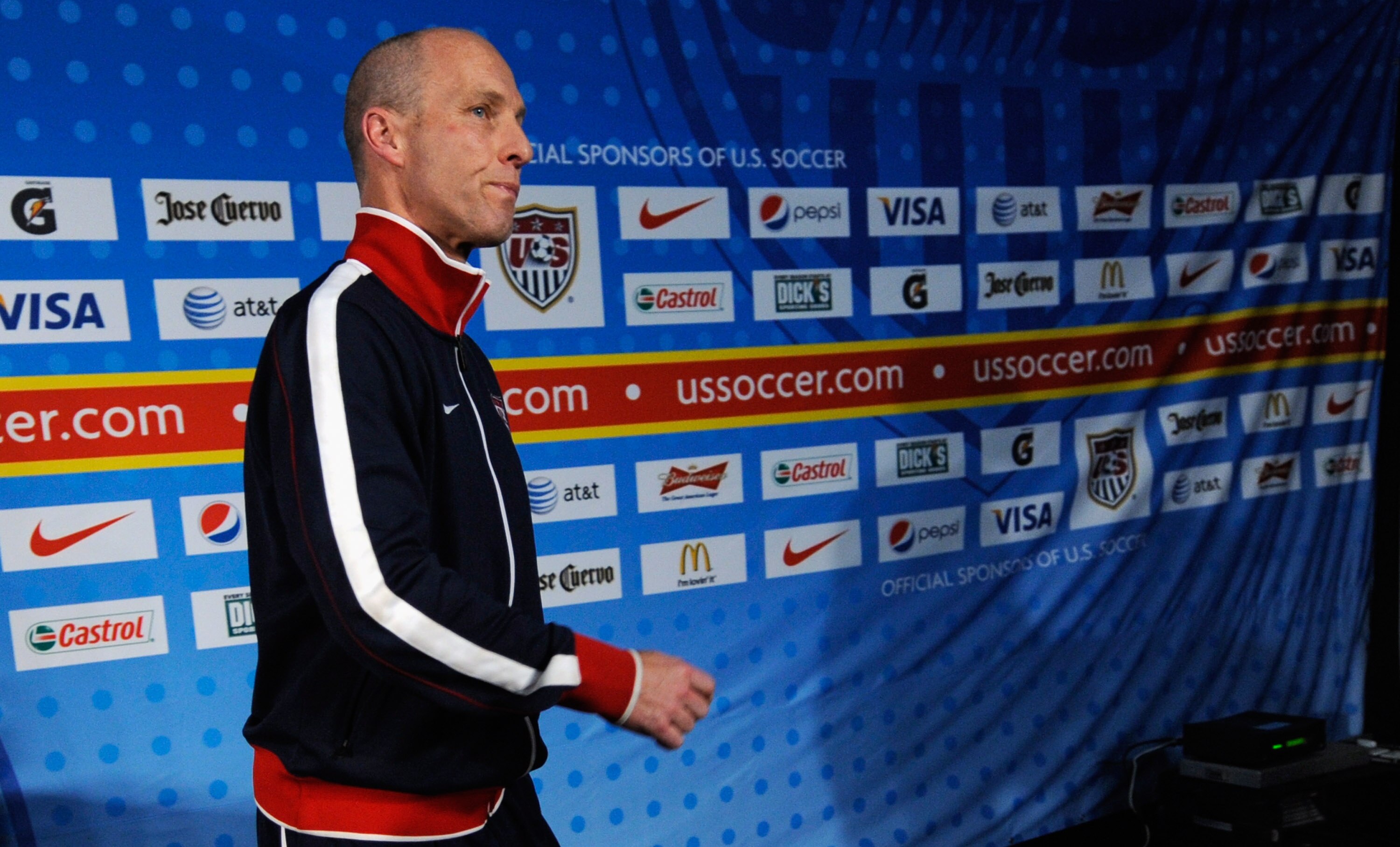 PRETORIA, SOUTH AFRICA - JUNE 27:  Head coach Bob Bradley of USA leaves after holding his last 2010 World Cup press conference at Irene Farm on June 27, 2010 in Irene south of  Pretoria, South Africa.  (Photo by Kevork Djansezian/Getty Images)