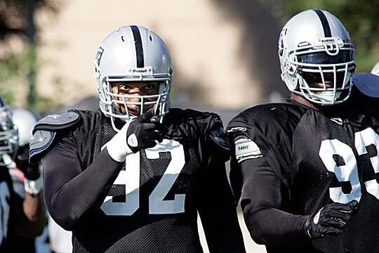Now this is an intimidating defensive tackle! Richard Seymour and Tommy Kelly are looking to stuff the run and collapse the pocket this year. They will have help in diong so.