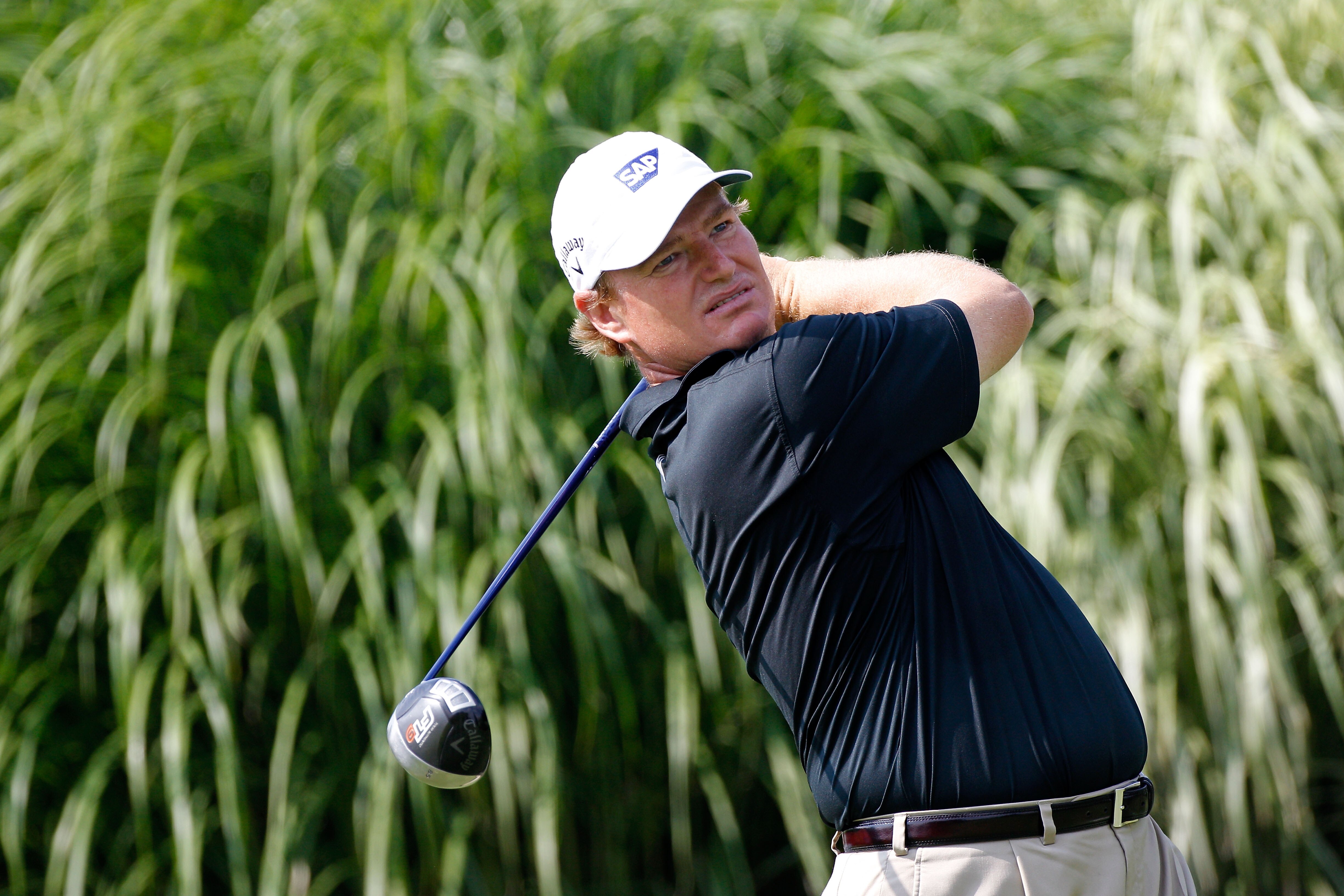 AKRON, OH - AUGUST 05:  Ernie Els of South Africa plays his tee shot on the 16th hole during the first round of the World Golf Championships - Bridgestone Invitational on the South Course at Firestone Country Club on August 5, 2010 in Akron, Ohio.  (Photo
