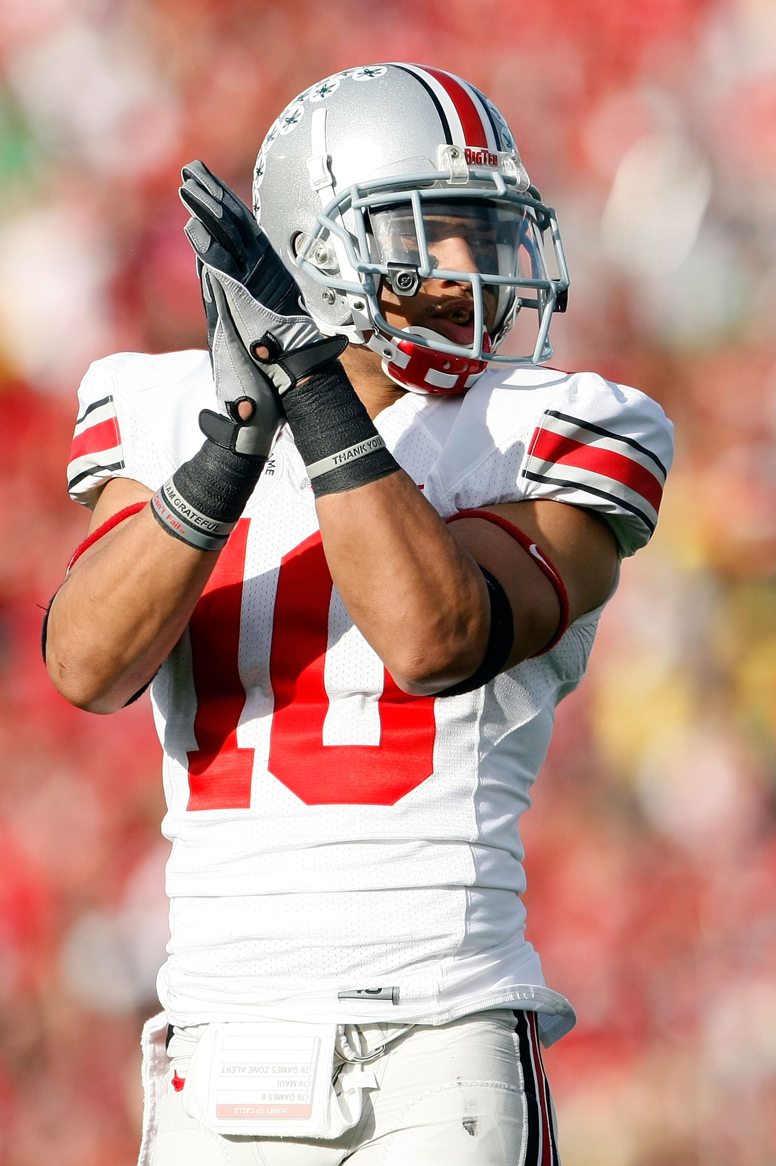 PASADENA, CA - JANUARY 01:  Defensive back Devon Torrence #10 of the Ohio State Buckeyes reacts during the game against the Oregon Ducks at the 96th Rose Bowl game on January 1, 2010 in Pasadena, California.  (Photo by Jeff Gross/Getty Images)