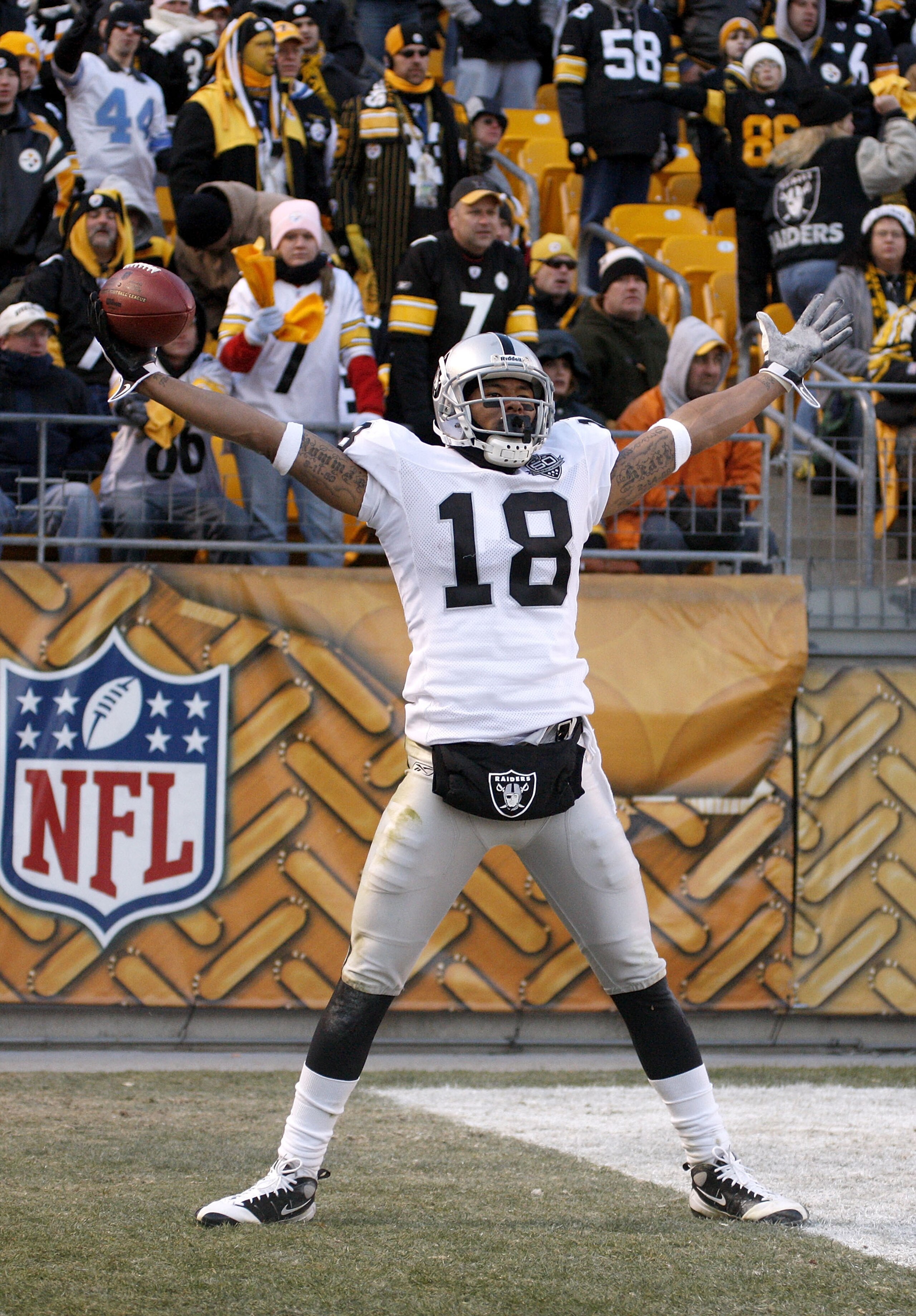 PITTSBURGH - DECEMBER 06:  Louis Murphy #18 of the Oakland Raiders celebrates a fourth quarter touchdown while playing the Pittsburgh Steelers on December 6, 2009 at Heinz Field in Pittsburgh, Pennsylvania. Oakland won the game 27-24.  (Photo by Gregory S