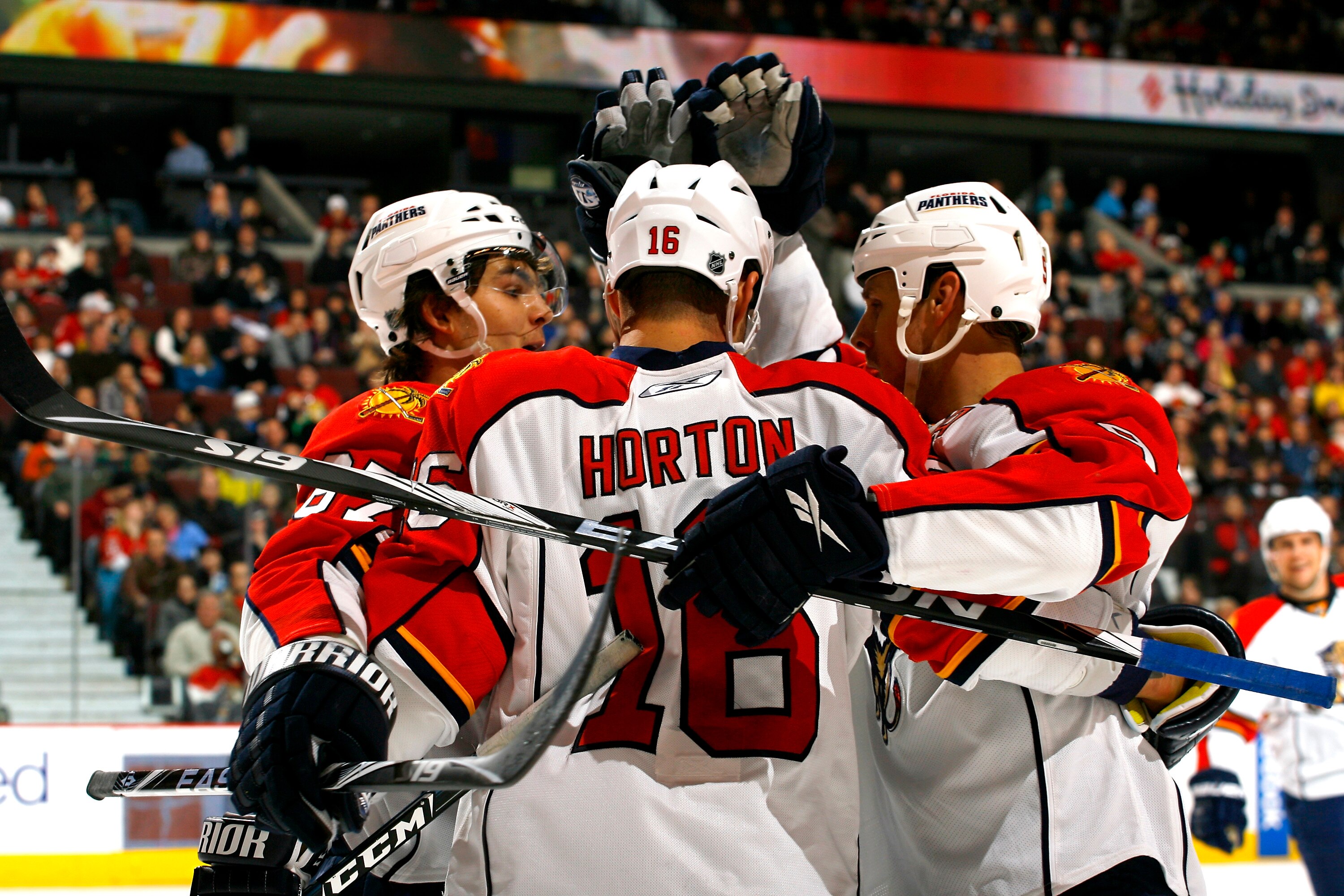 OTTAWA, ON - JANUARY 9:  Nathan Horton #9 of the Florida Panthers celebrates his goal against the Ottawa Senators with teammates Michael Frolik #67 and Stephen Weiss #9 in a game at Scotiabank Place on January 9, 2010 in Ottawa, Canada.  (Photo by Phillip