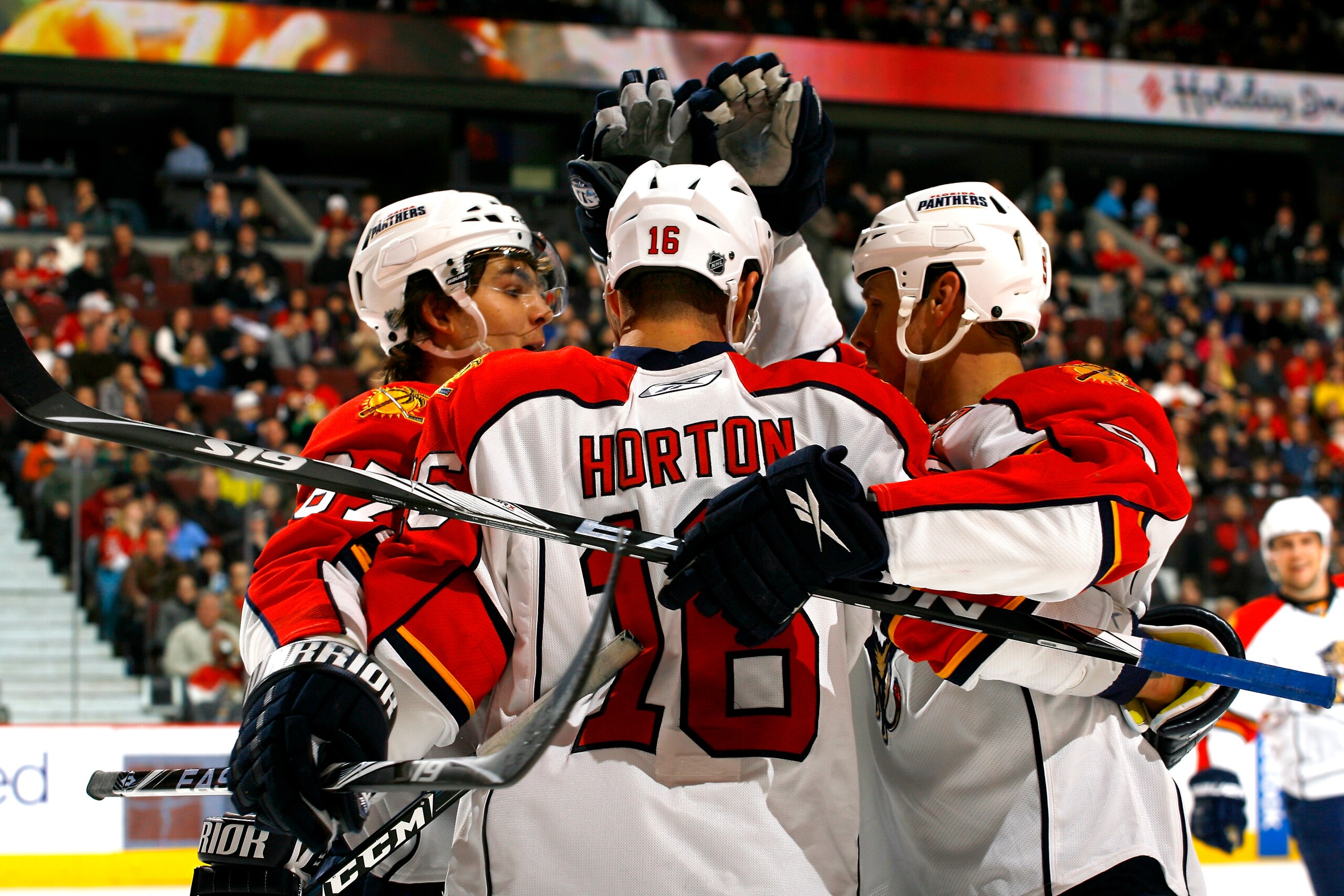 OTTAWA, ON - JANUARY 9:  Nathan Horton #9 of the Florida Panthers celebrates his goal against the Ottawa Senators with teammates Michael Frolik #67 and Stephen Weiss #9 in a game at Scotiabank Place on January 9, 2010 in Ottawa, Canada.  (Photo by Phillip