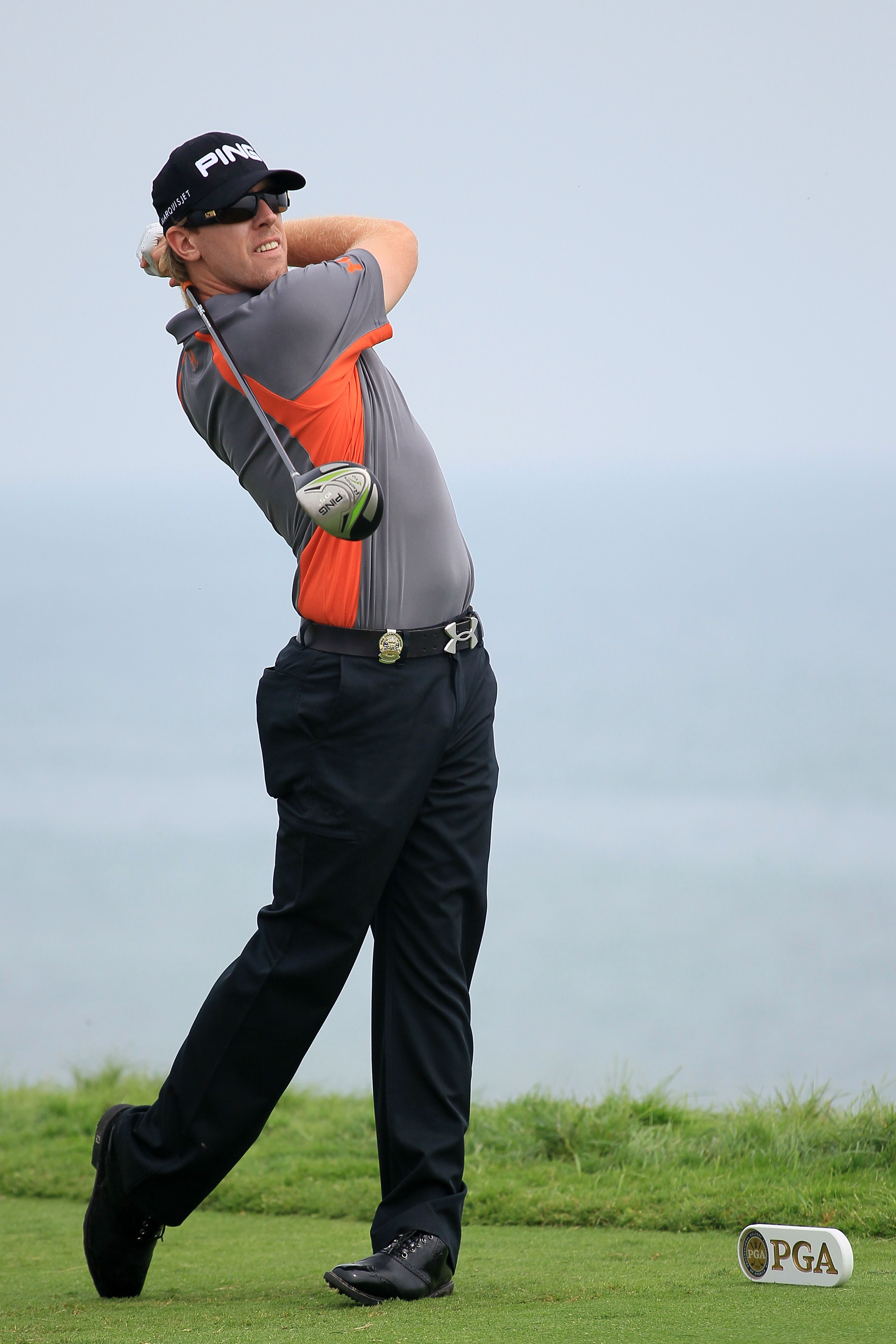KOHLER, WI - AUGUST 13:  Hunter Mahan hits his tee shot on the 16th hole during the continuation of the first round of the 92nd PGA Championship on the Straits Course at Whistling Straits on August 13, 2010 in Kohler, Wisconsin.  (Photo by Andy Lyons/Gett