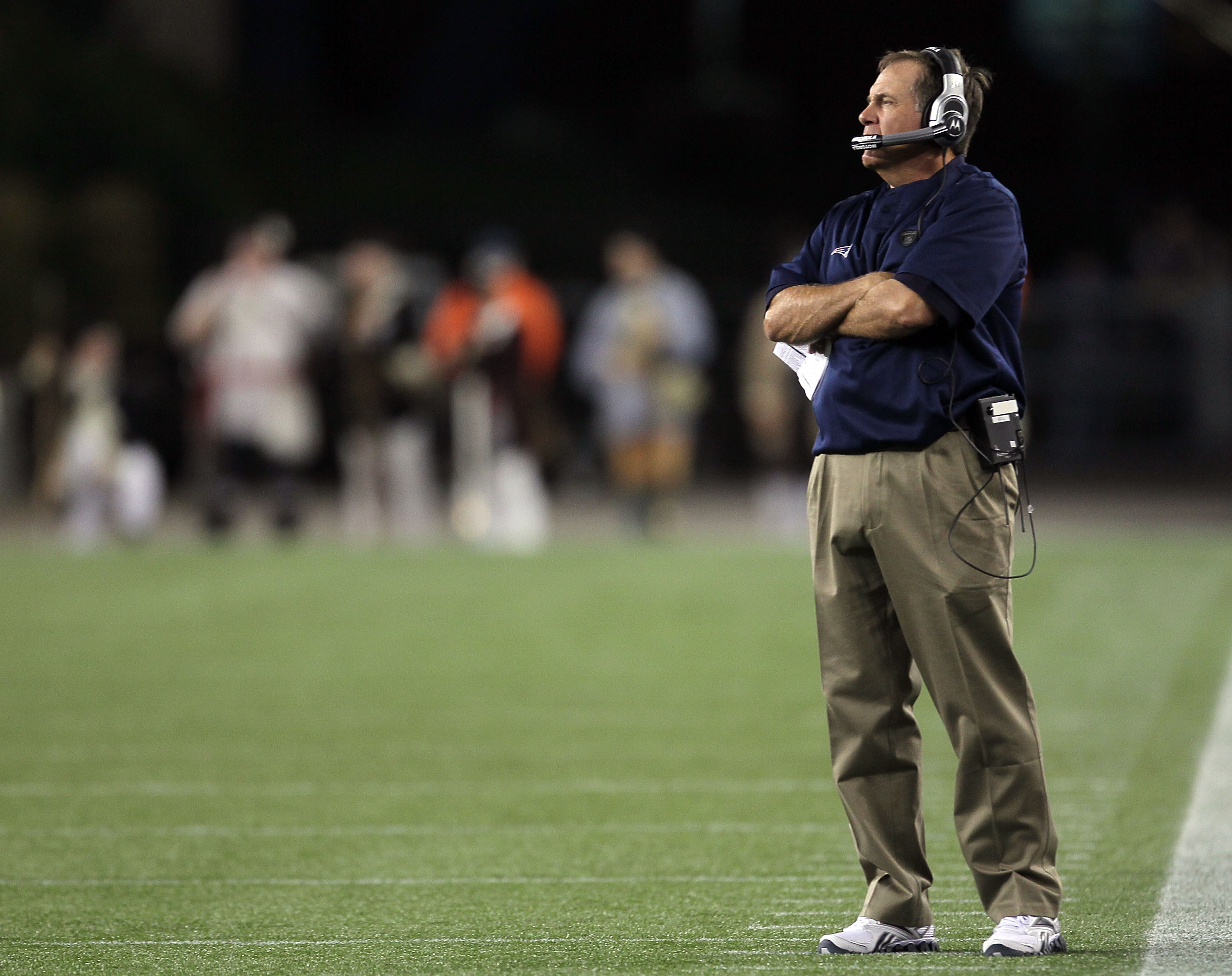 FOXBORO, MA - AUGUST 12: Coach Bill Belichick of the New England Patriots watches his players during the preseason game against the New Orleans Saints at Gillette Stadium on August 12, 2010 in Foxboro, Massachusetts. (Photo by Jim Rogash/Getty Images)
