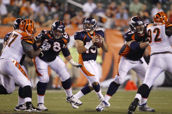 CINCINNATI, OH - AUGUST 15: Tim Tebow #15 of the Denver Broncos looks to pass during the preseason game against the Cincinnati Bengals at Paul Brown Stadium on August 15, 2010 in Cincinnati, Ohio. The Bengals won 33-24. (Photo by Joe Robbins/Getty Images)