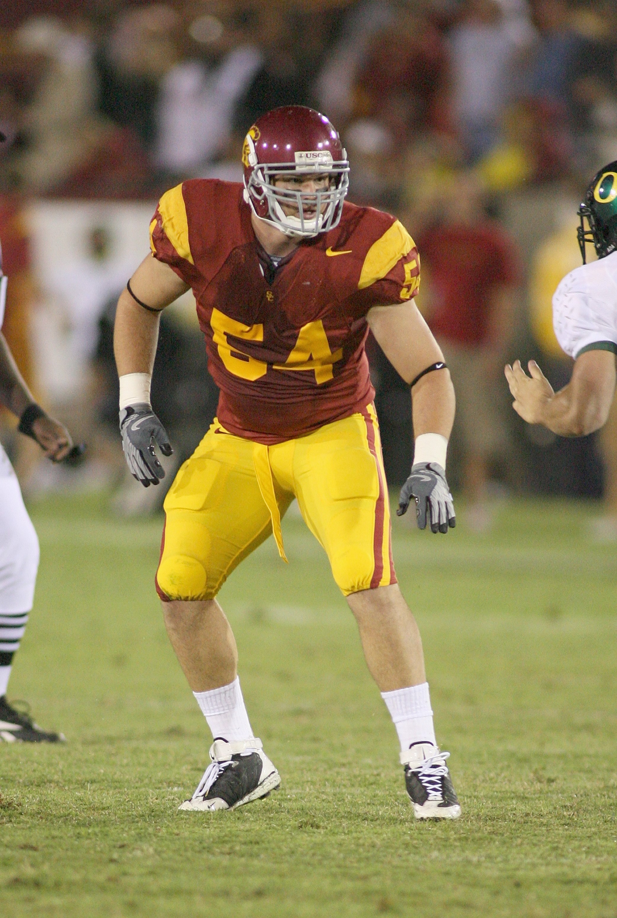 LOS ANGELES - OCTOBER 4:  Chris Galippo of the USC Trojans pursues the play against the Oregon Ducks on October 4, 2008 at the Los Angeles Memorial Coliseum in Los Angeles, California.  USC won 44-10.  (Photo by Jeff Golden/Getty Images)