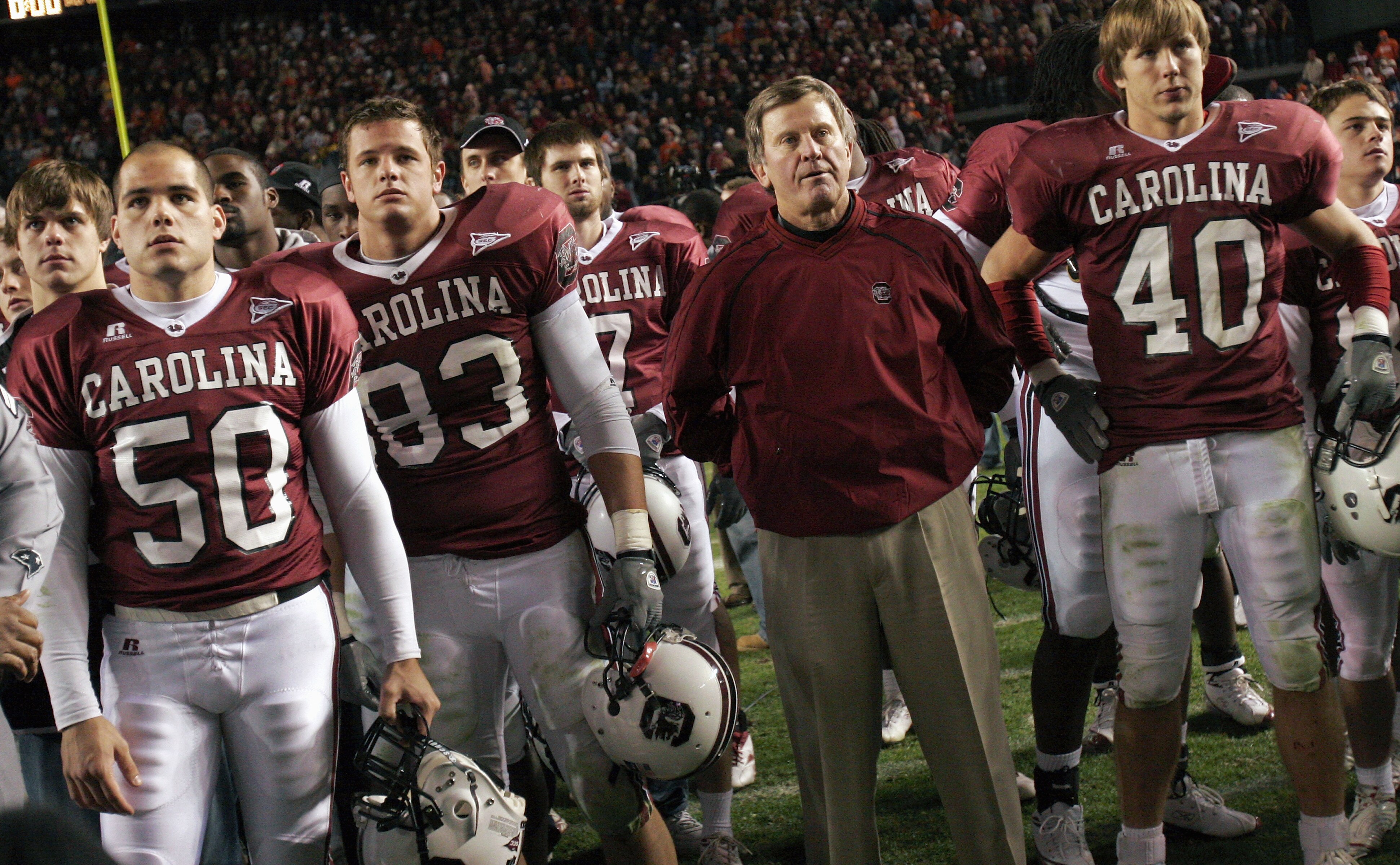 COLUMBIA, SC - NOVEMBER 19:  Head Coach Steve Spurrier of the University of South Carolina Gamecocks observes the national anthem before the game with the Clemson Tigers on November 19, 2005, at Williams-Brice Stadium in Columbia, South Carolina. Clemson