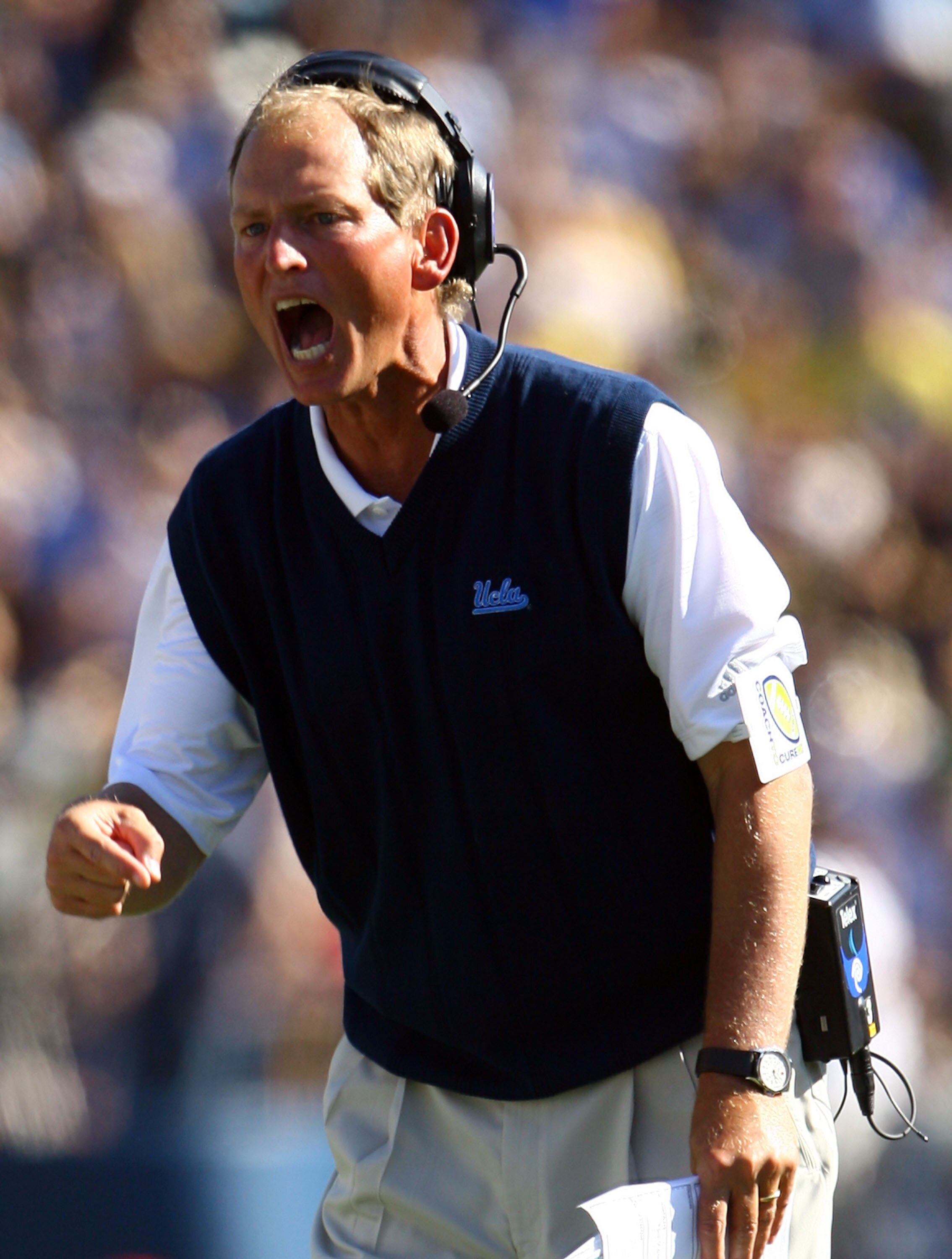 BERKELEY, CA - OCTOBER 25:  UCLA Bruins head coach Rick Neuheisel yells at officials in the second quarter against the Cal Golden Bears at Memorial Stadium on October 25, 2008 in Berkeley, California. Cal defeated UCLA 41-20.  (Photo by Jeff Gross/Getty I