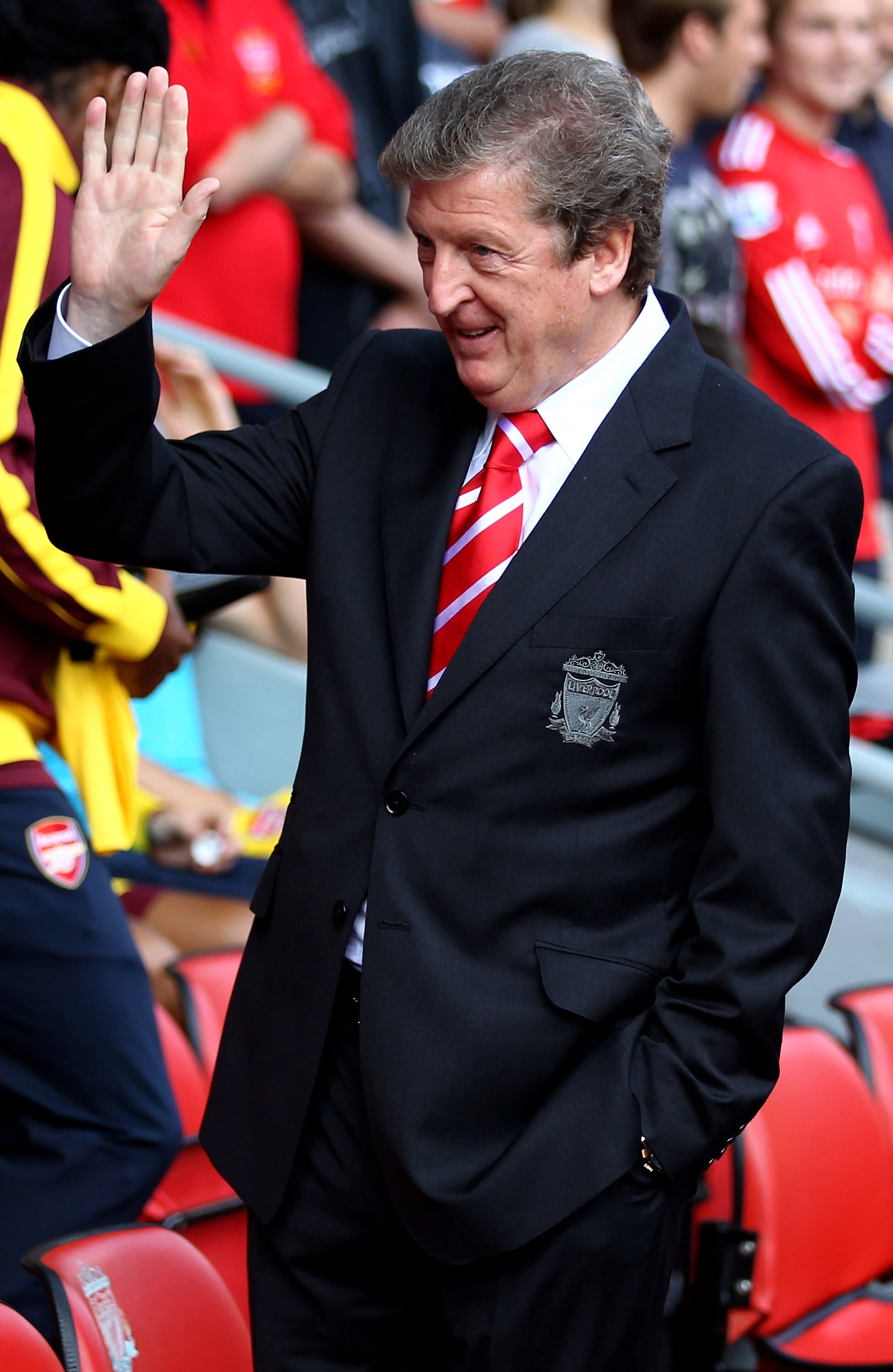 LIVERPOOL, ENGLAND - AUGUST 15:  Liverpool Manager Roy Hodgson waves to the crowd  prior to the Barclays Premier League match between Liverpool and Arsenal at Anfield on August 15, 2010 in Liverpool, England.  (Photo by Clive Brunskill/Getty Images)