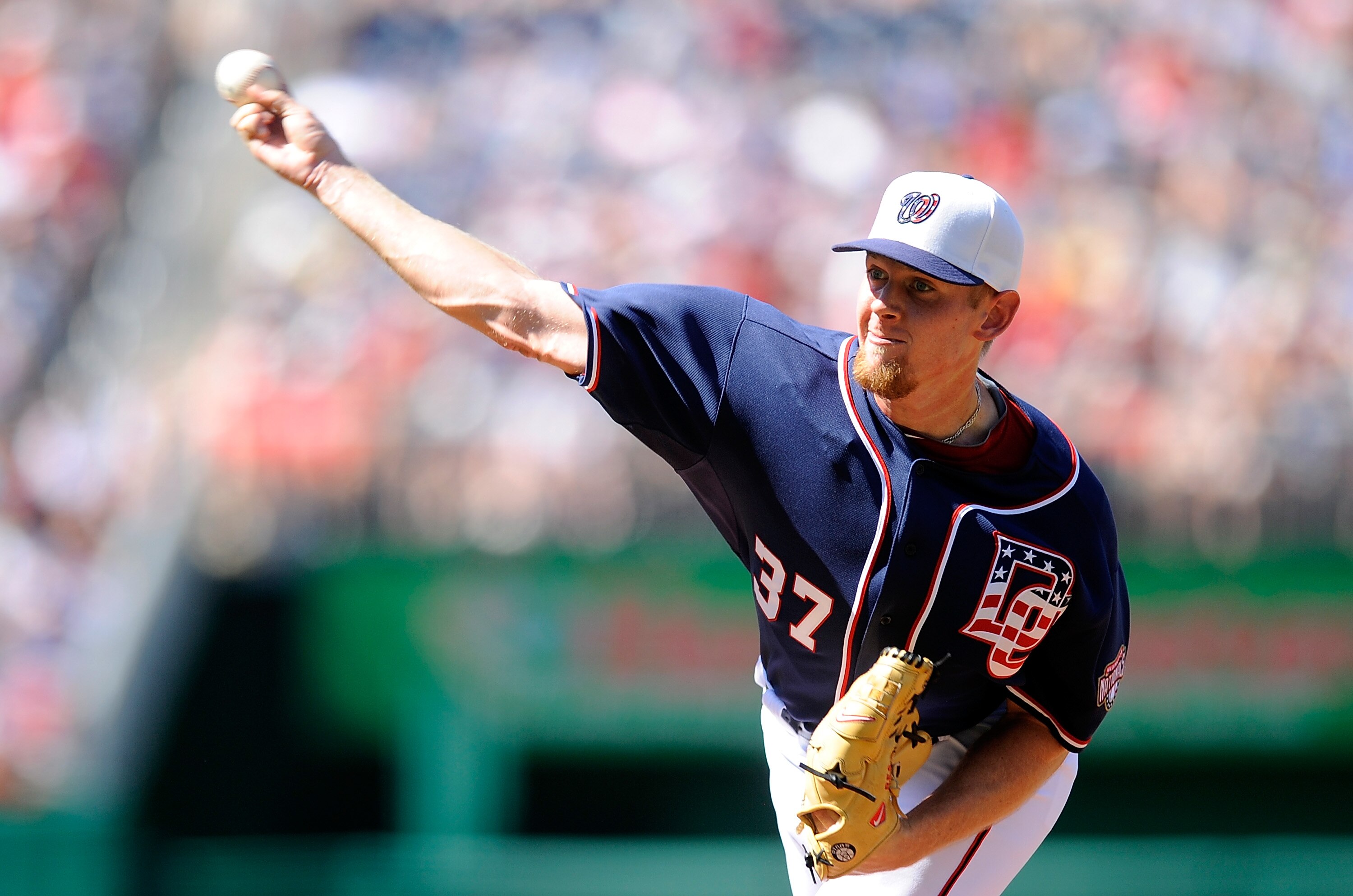 WASHINGTON - JULY 03:  Stephen Strasburg #37 of the Washington Nationals pitches against the New York Mets at Nationals Park on July 3, 2010 in Washington, DC.  (Photo by Greg Fiume/Getty Images)