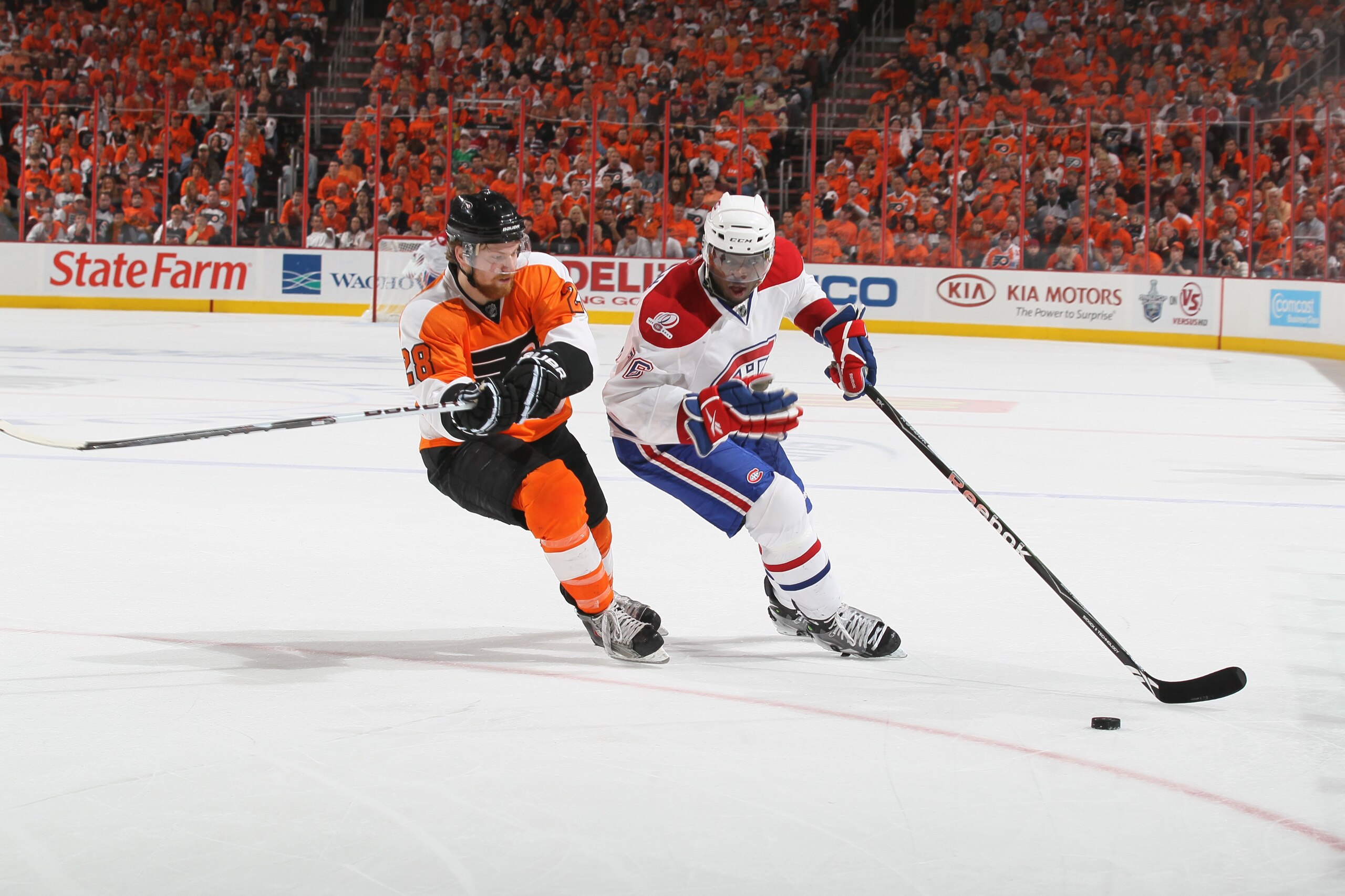 PHILADELPHIA - MAY 24: PK Subban #76 of the Montreal Canadiens handles the puck against Claude Giroux #28 of he Philadelphia Flyers in Game 5 of the Eastern Conference Finals during the 2010 NHL Stanley Cup Playoffs at Wachovia Center on May 24, 2010 in PHILADELPHIA - MAY 24: PK Subban #76 of the Montreal Canadiens handles the puck against Claude Giroux #28 of he Philadelphia Flyers in Game 5 of the Eastern Conference Finals during the 2010 NHL Stanley Cup Playoffs at Wachovia Center on May 24, 2010 in