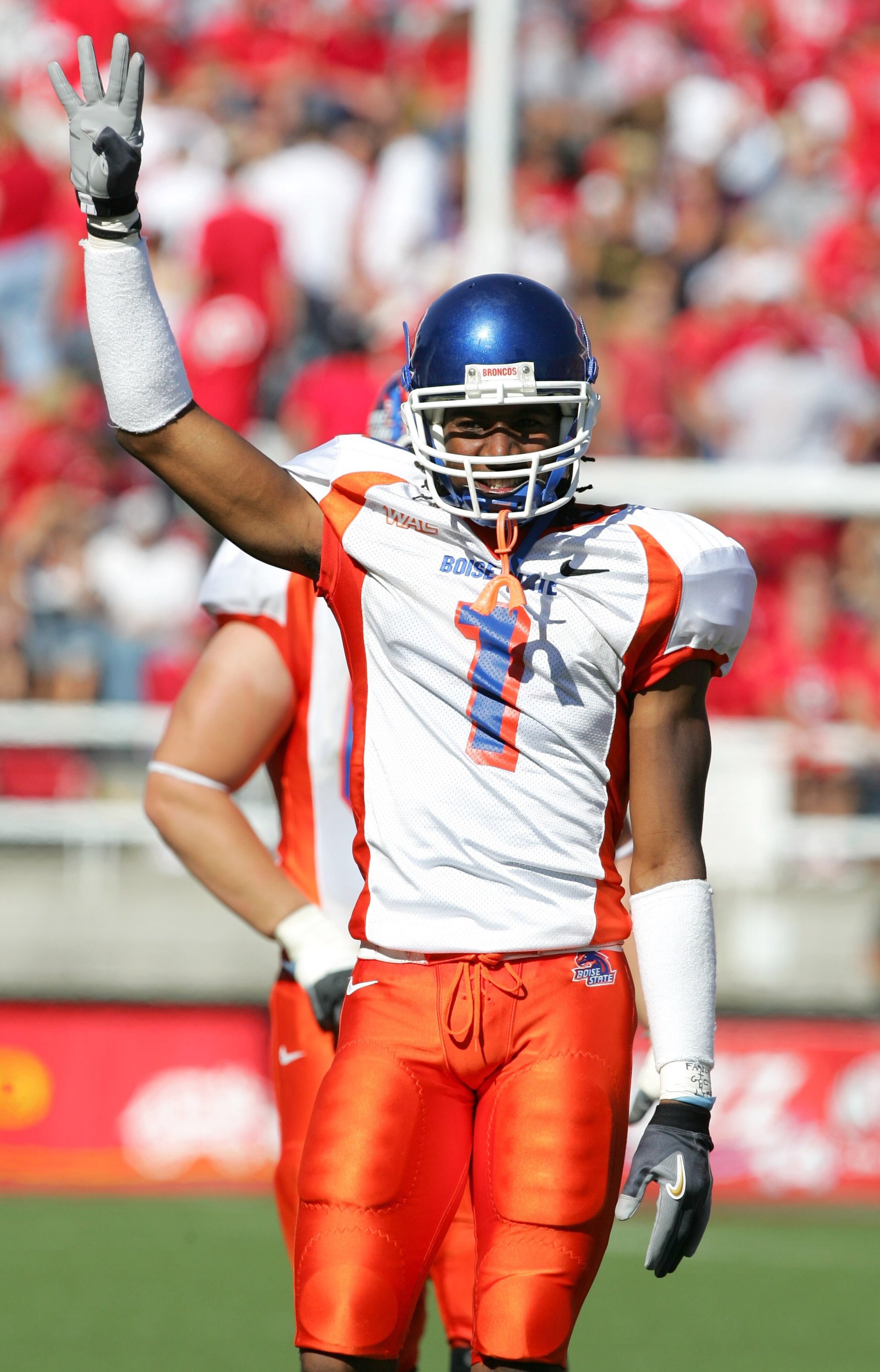 SALT LAKE CITY - SEPTEMBER 30:  Jerard Rabb #1 of the Boise State Broncos celebrates the win, bringing their record to 5-0 for the season, against the Utah Utes at Rice-Eccles Stadium on September 30, 2006 in Salt Lake City, Utah. The Broncos of Boise Sta