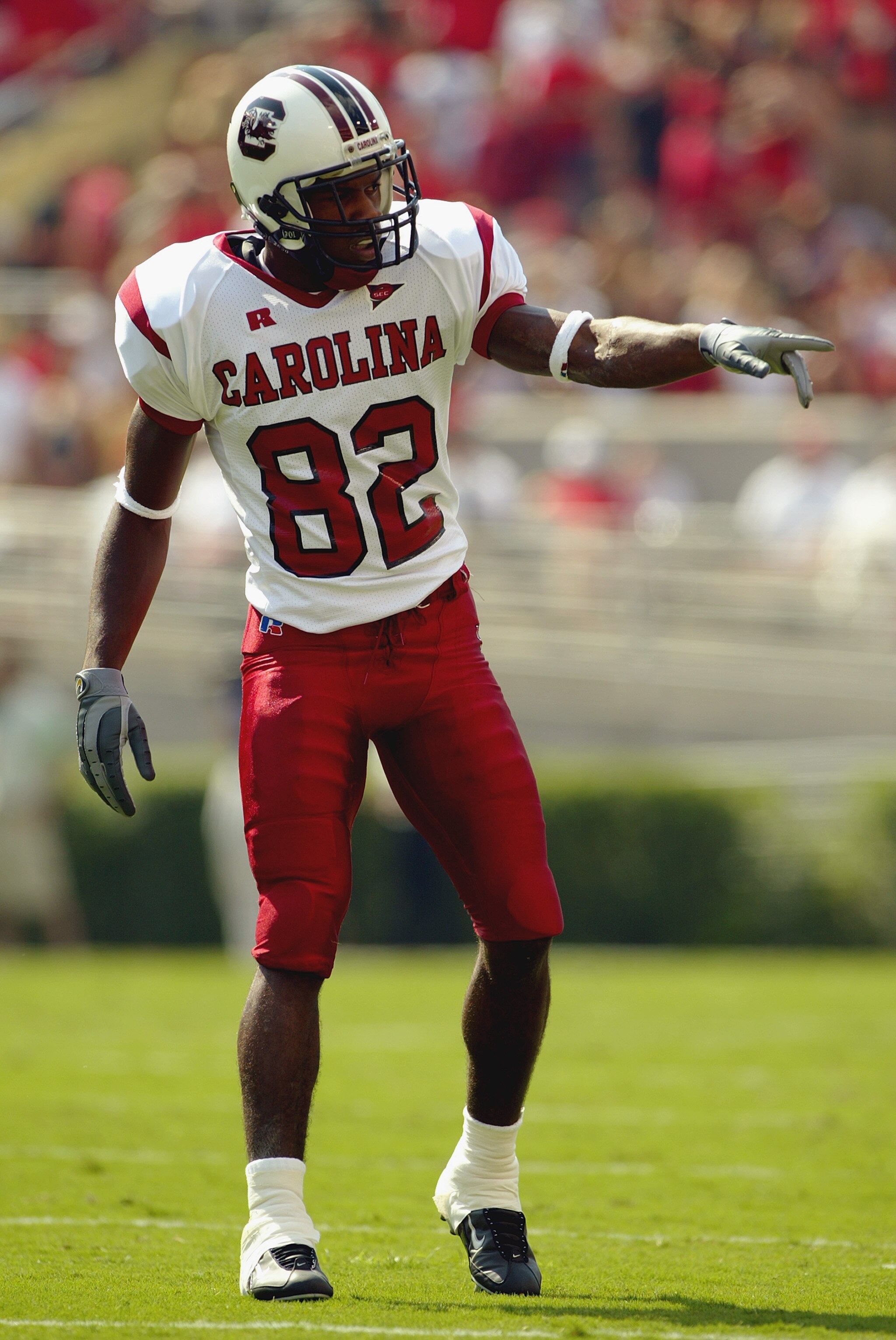 ATHENS, GA - SEPTEMBER 13:  Troy Williamson #82 of the South Carolina Gamecocks lines up for the play against the Georgia Bulldogs during the game on September 13, 2003 at Sanford Stadium in Athens, Georgia.  Georgia defeated South Carolina 31-7.  (Photo 