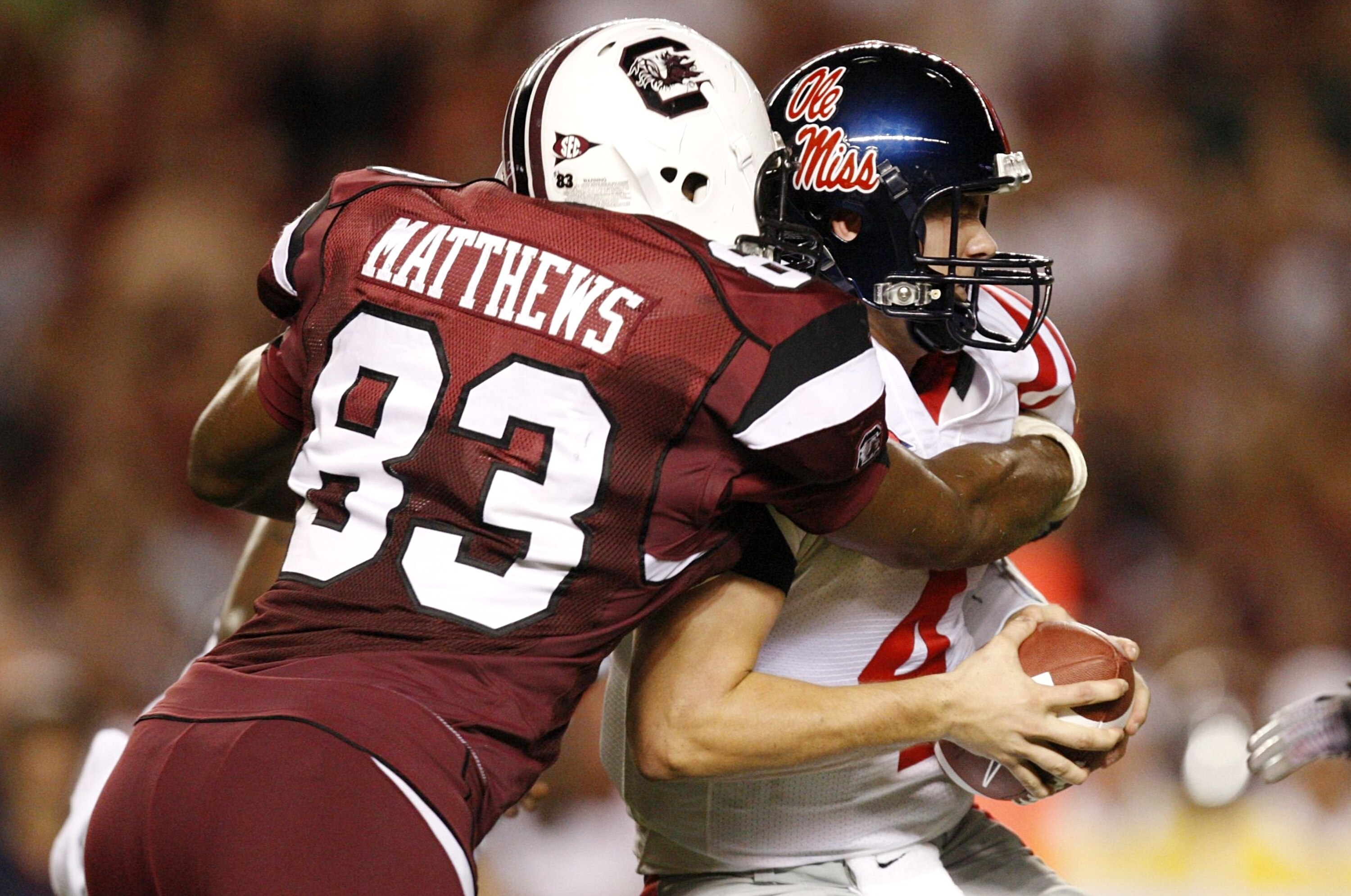 COLUMBIA, SC - SEPTEMBER 24:  Defensive end Cliff Matthews #83 of the South Carolina Gamecocks sacks quarterback Jevan Snead #4 of the Mississippi Rebels during their game at Williams-Brice Stadium on September 24, 2009 in Columbia, South Carolina. (Photo