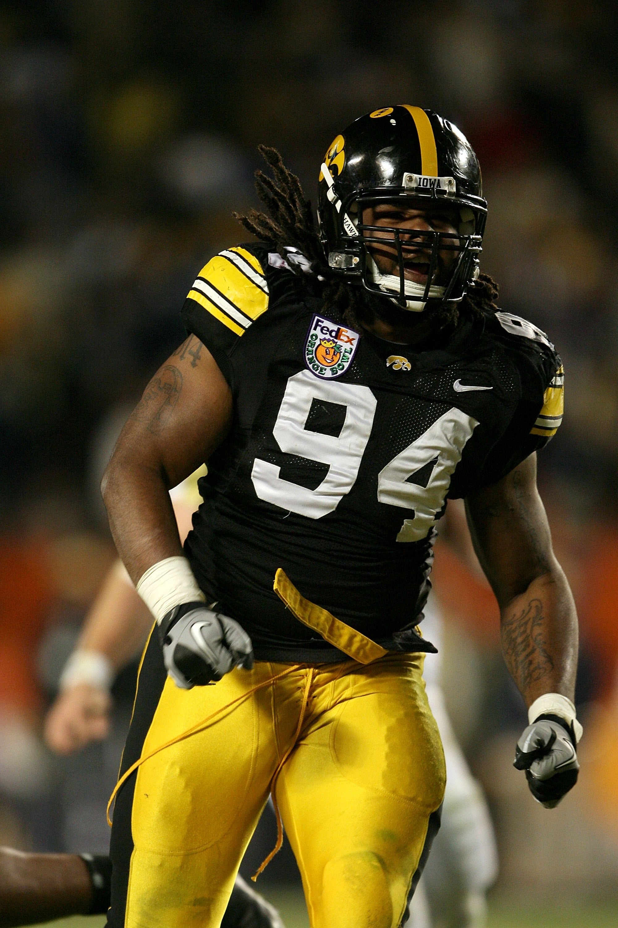 MIAMI GARDENS, FL - JANUARY 05:  Adrian Clayborn #94 of the Iowa Hawkeyes reacts against the Georgia Tech Yellow Jackets during the FedEx Orange Bowl at Land Shark Stadium on January 5, 2010 in Miami Gardens, Florida. Iowa won 24-14. (Photo by Doug Benc/G