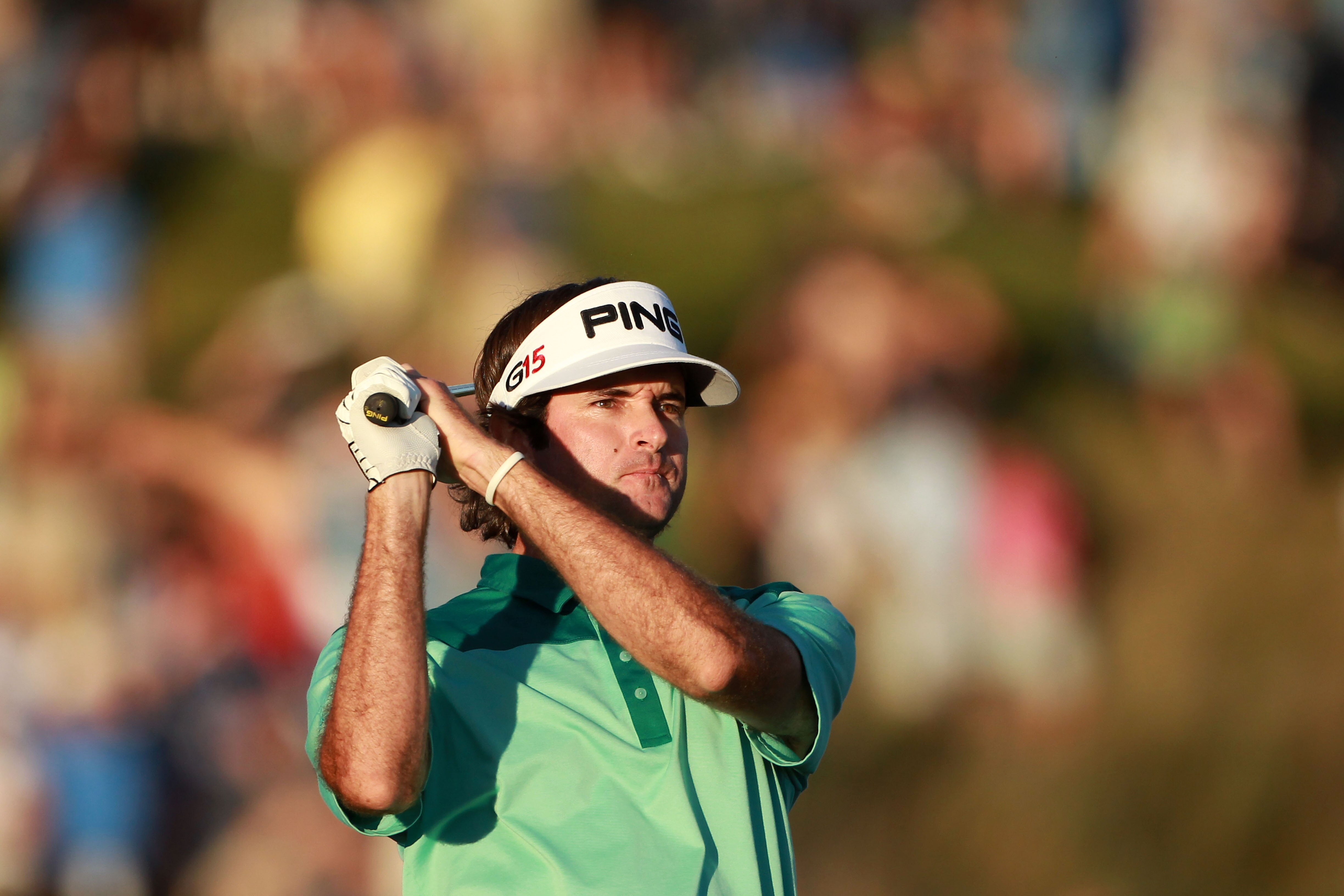 KOHLER, WI - AUGUST 15:  Bubba Watson watches his approach shot on the 18th hole during the three-hole aggregate playoff following the final round of the 92nd PGA Championship on the Straits Course at Whistling Straits on August 15, 2010 in Kohler, Wiscon