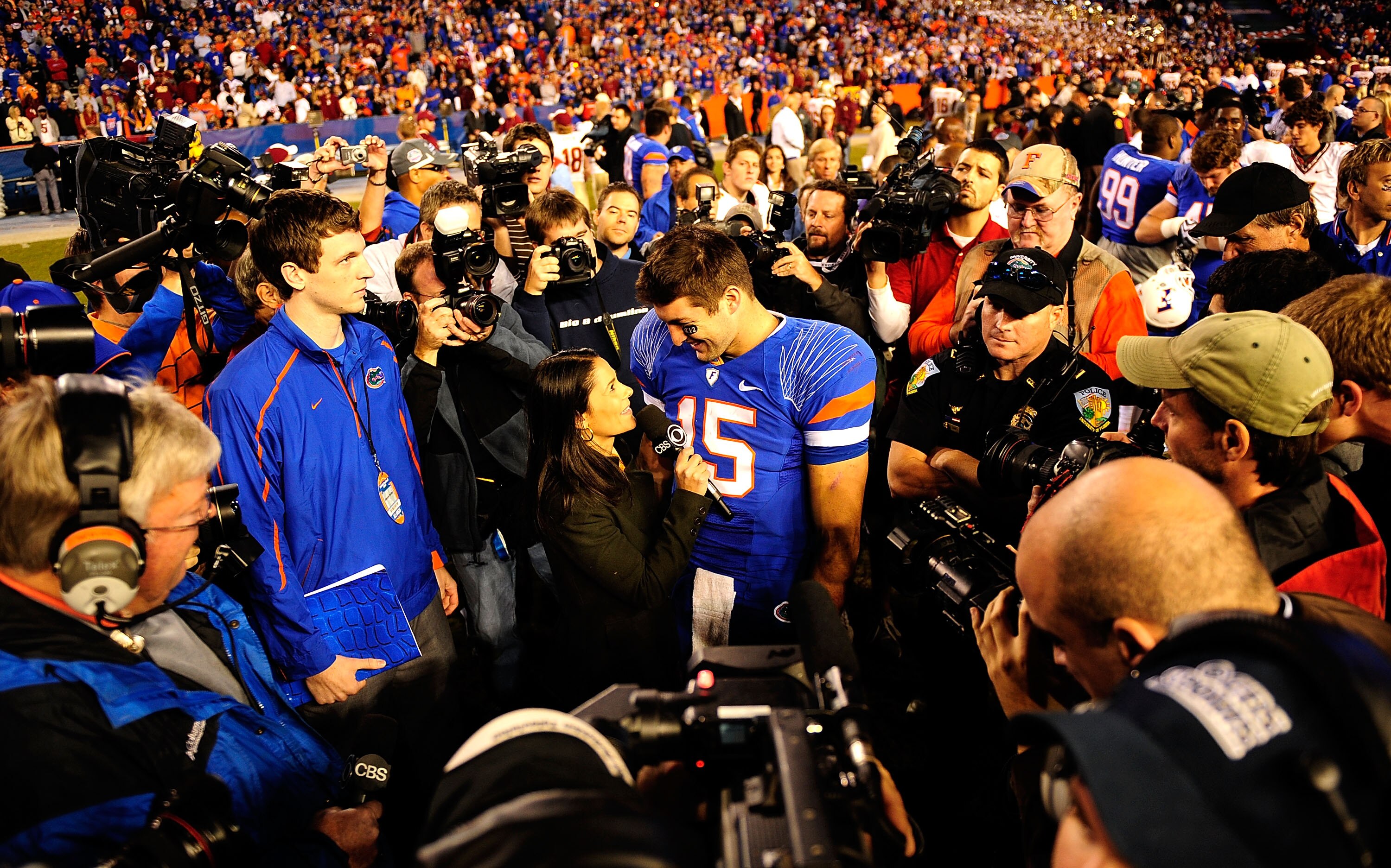 GAINESVILLE, FL - NOVEMBER 28:  Tim Tebow #15 of the Florida Gators speaks to the media following the game against the Florida State Seminoles at Ben Hill Griffin Stadium on November 28, 2009 in Gainesville, Florida.  (Photo by Sam Greenwood/Getty Images)
