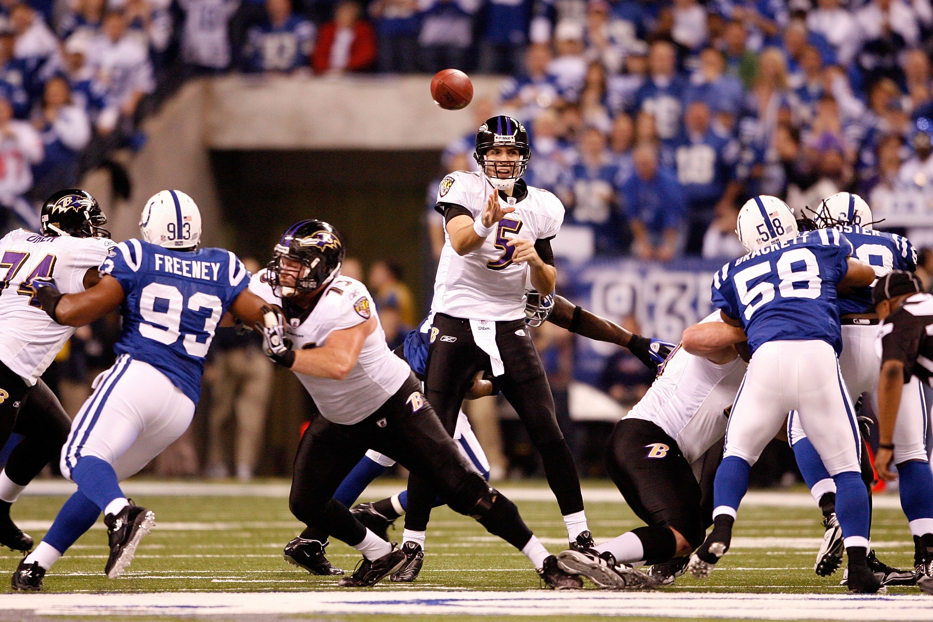 INDIANAPOLIS - JANUARY 16:  Quarterback Joe Flacco #5 of the Baltimore Ravens throws the ball against the Indianapolis Colts in the AFC Divisional Playoff Game at Lucas Oli Stadium on January 16, 2010 in Indianapolis, Indiana.  (Photo by Andy Lyons/Getty 