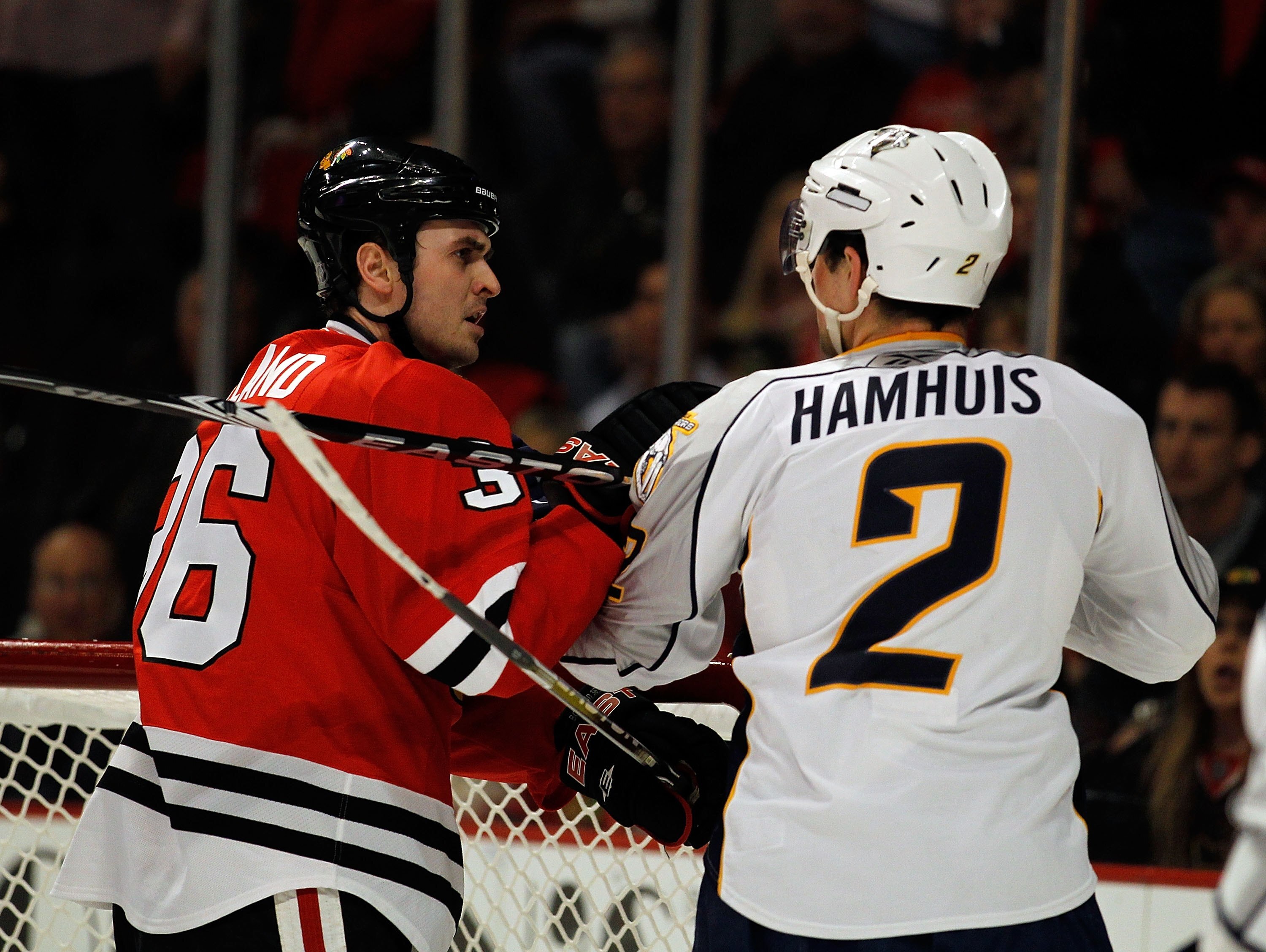 CHICAGO - APRIL 18: Dave Bolland #36 of the Chicago Blackhawks has words with Dan Hamhuis #2 of the Nashville Predators in Game Two of the Western Conference Quarterfinals during the 2010 NHL Stanley Cup Playoffs at the United Center on April 18, 2010 in 