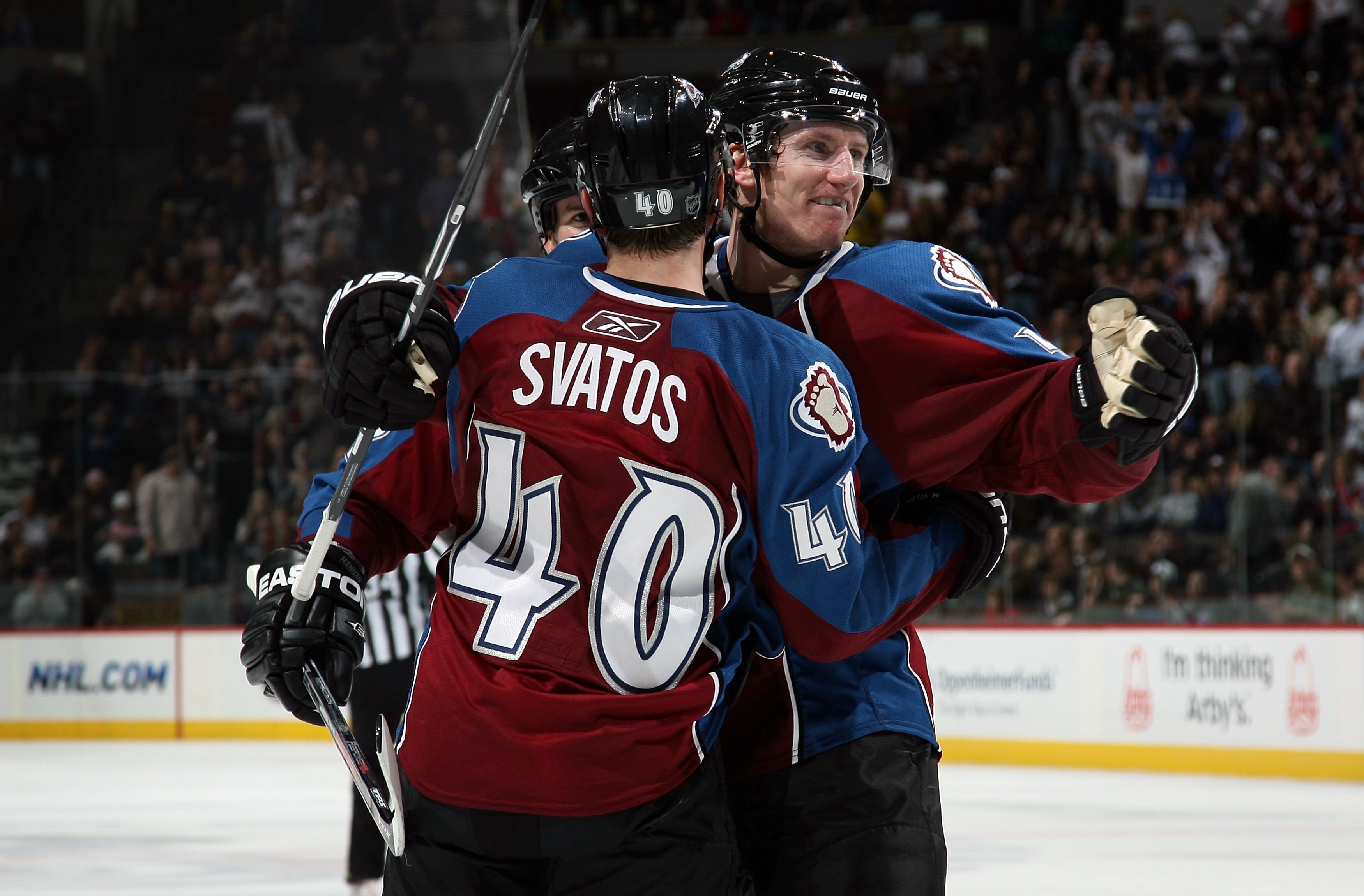 DENVER - NOVEMBER 04: Marek Svatos #40 of the Colorado Avalanche is congratulated by Cody McLeod #55 after Svatos scored the game winning goal against the Phoenix Coyotes in the thirdd period at the Pepsi Center on November 4, 2009 in Denver, Colorado. (P