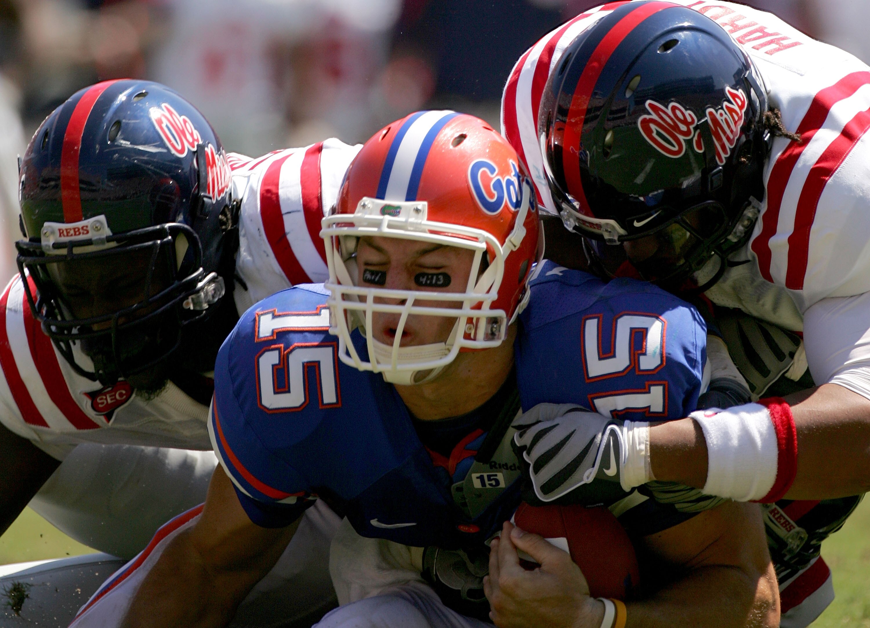 GAINESVILLE, FL - SEPTEMBER 27:  Tim Tebow #15 is stopped short of a first down in the closing moments against the Ole Miss Rebels at Ben Hill Griffin Stadium on September 27, 2008 in Gainesville, Florida.  (Photo by Sam Greenwood/Getty Images)