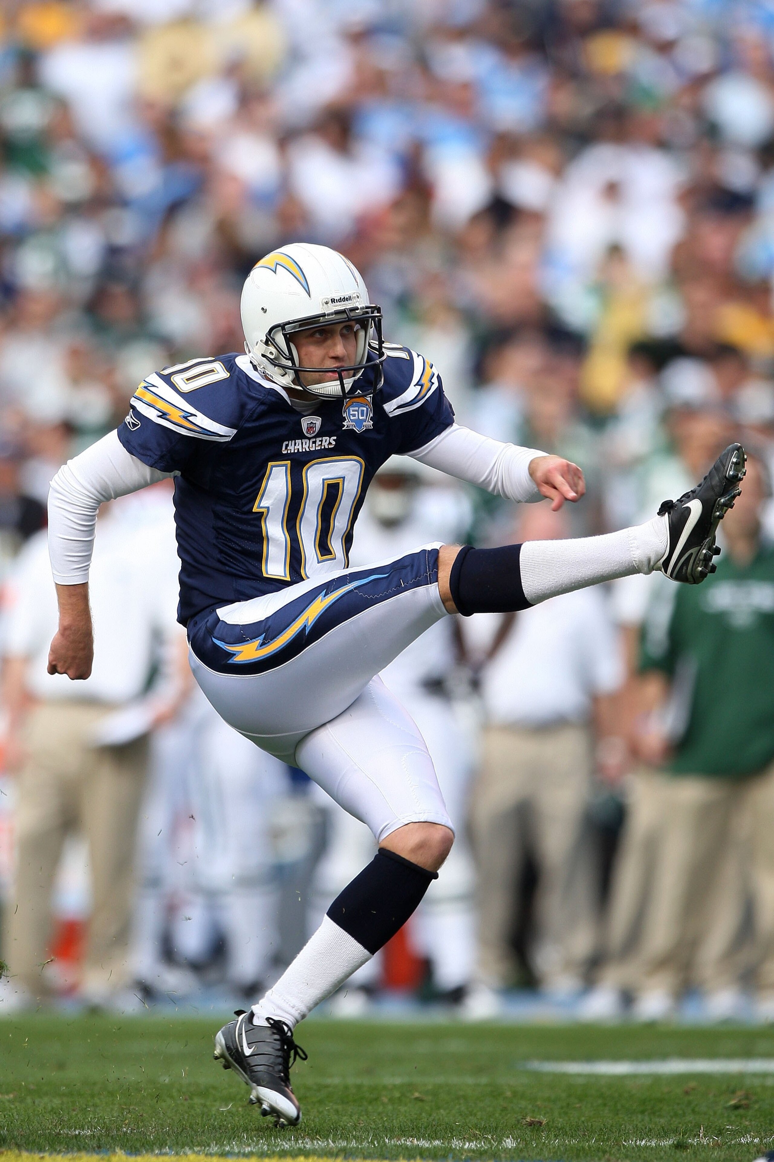 SAN DIEGO - JANUARY 17:  Kicker Nate Kaeding #10 of the San Diego Chargers attempts a field goal against the New York Jets in the AFC Divisional Playoff Game at Qualcomm Stadium on January 17, 2010 in San Diego, California. The Jets defeated the Chargers 