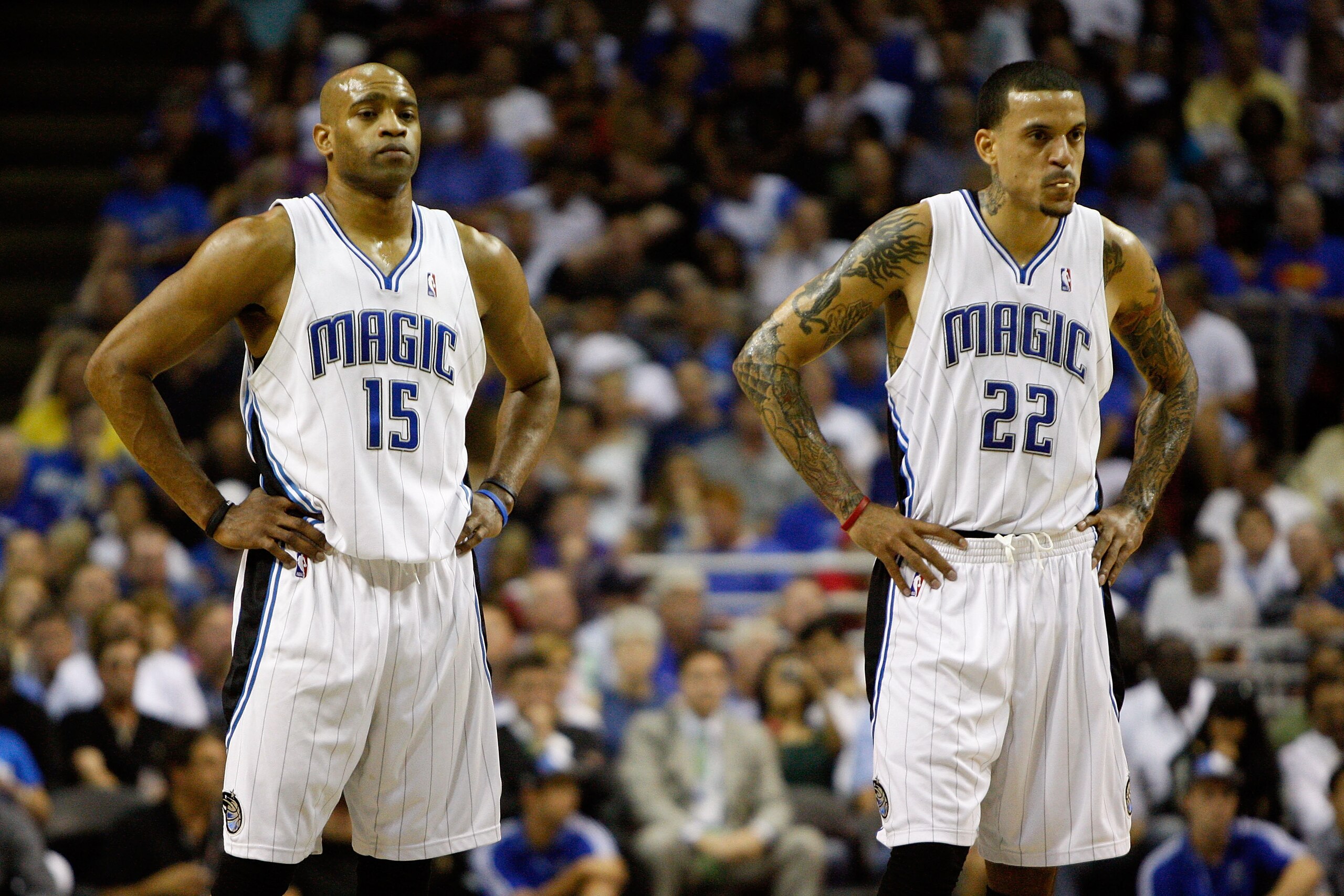 ORLANDO, FL - MAY 26:  (L-R) Vince Carter #15 and Matt Barnes #22 of the Orlando Magic look on against the Boston Celtics in Game Five of the Eastern Conference Finals during the 2010 NBA Playoffs at Amway Arena on May 26, 2010 in Orlando, Florida.  NOTE