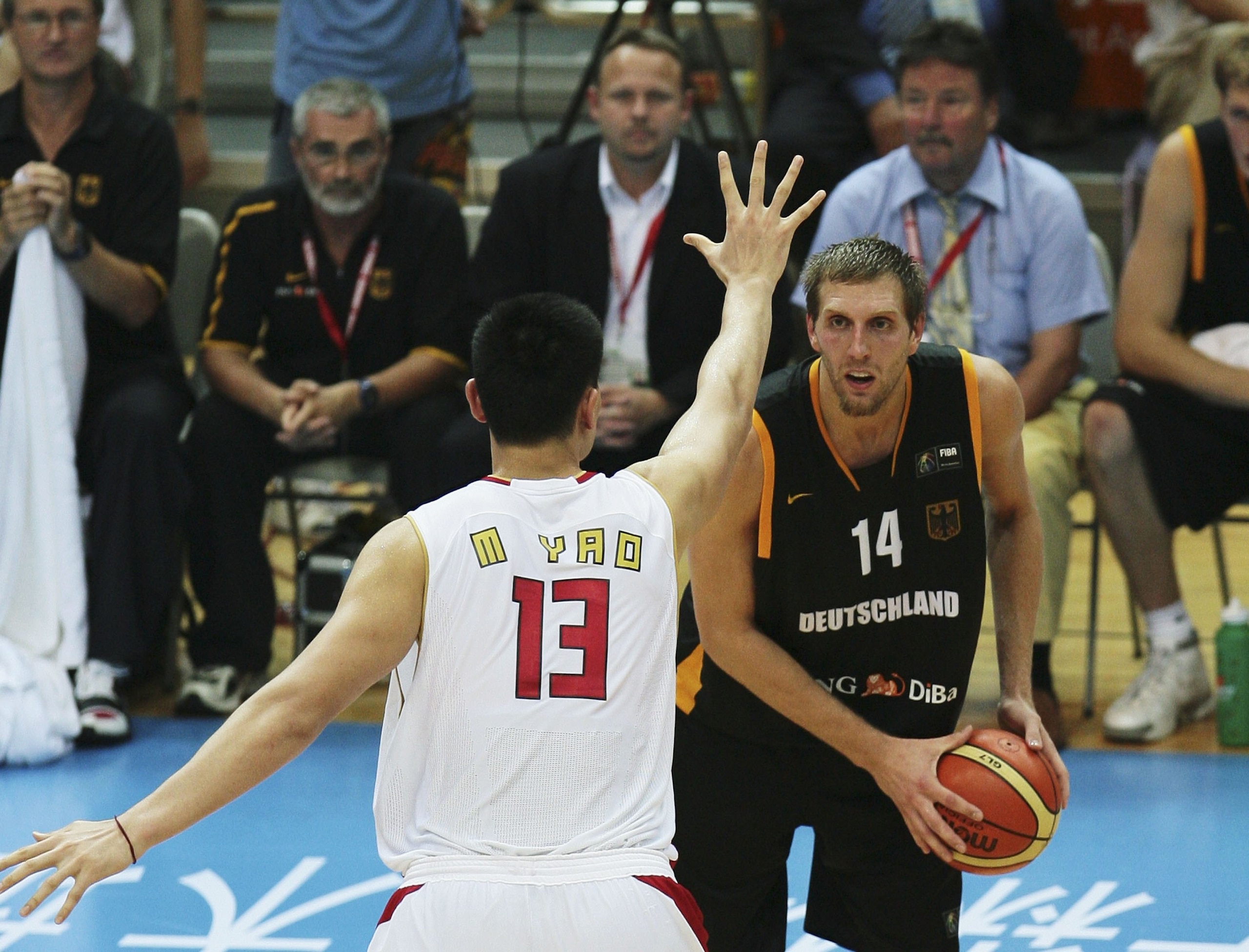 NANJING, CHINA - AUGUST 11: (CHINA OUT) Chinese player Yao Ming (L) defends German player Dirk Nowitzki during a match between China and Germany at the 2006 Stankovic Continental Champions Cup on August 11, 2006 in Nanjing of Jiangsu Province, China. Germ