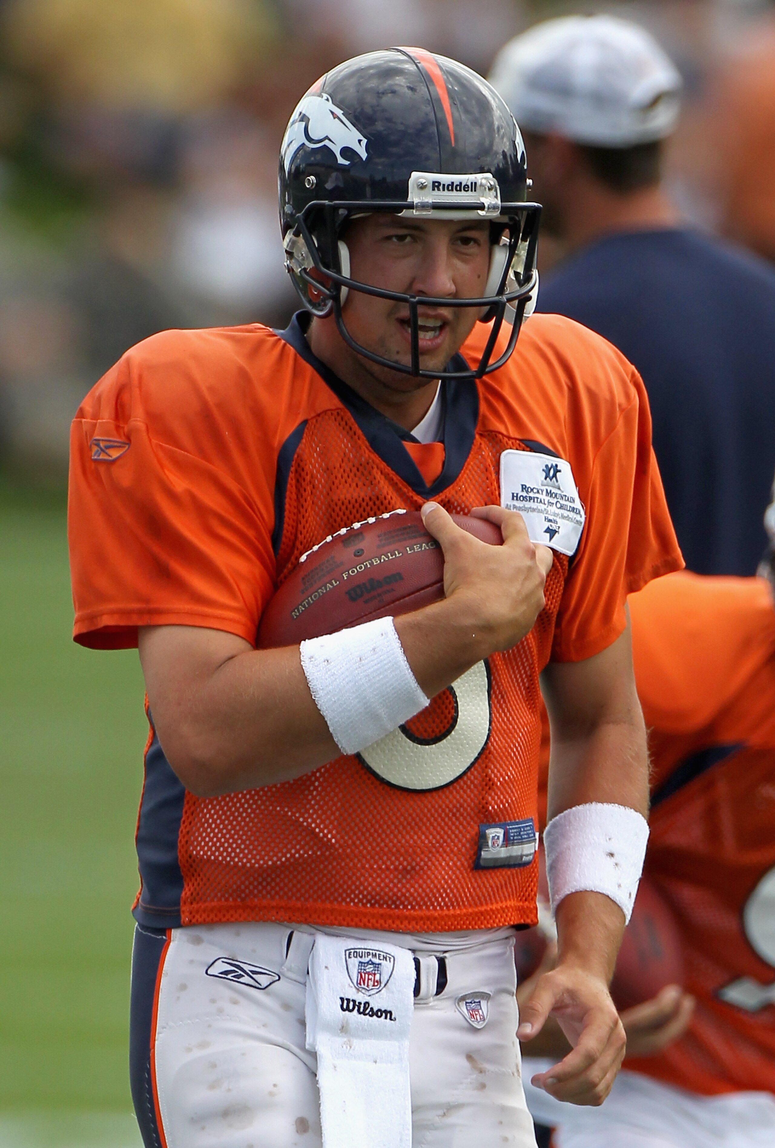 ENGLEWOOD, CO - AUGUST 05:  Quarterback Kyle Orton #8 of the Denver Bronocs takes part in practice during training camp at Dove Valley on August 5, 2010 in Englewood, Colorado.  (Photo by Doug Pensinger/Getty Images)
